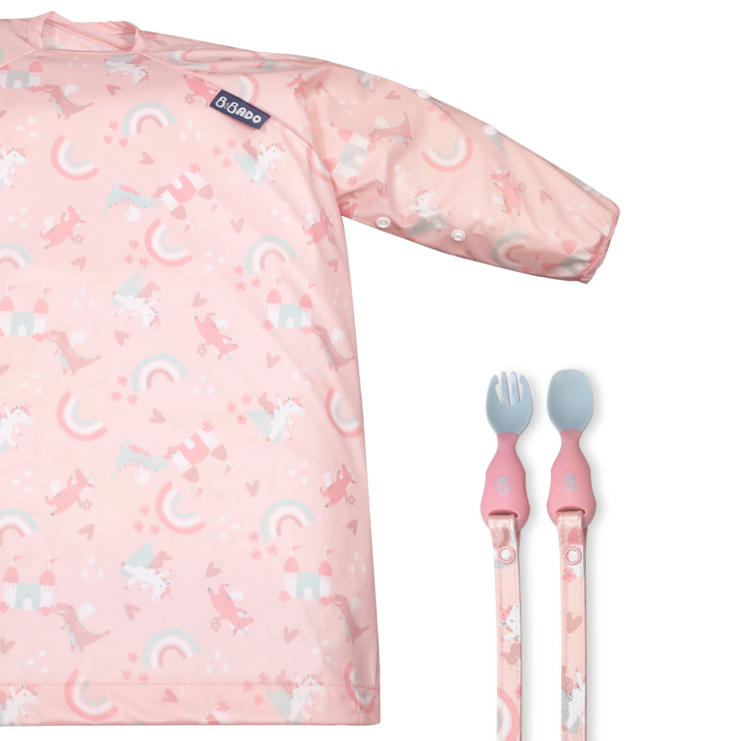 Bibado Long Sleeve Coverall & Attachable Handi Cutlery Bundle Over the Rainbow Light Pink