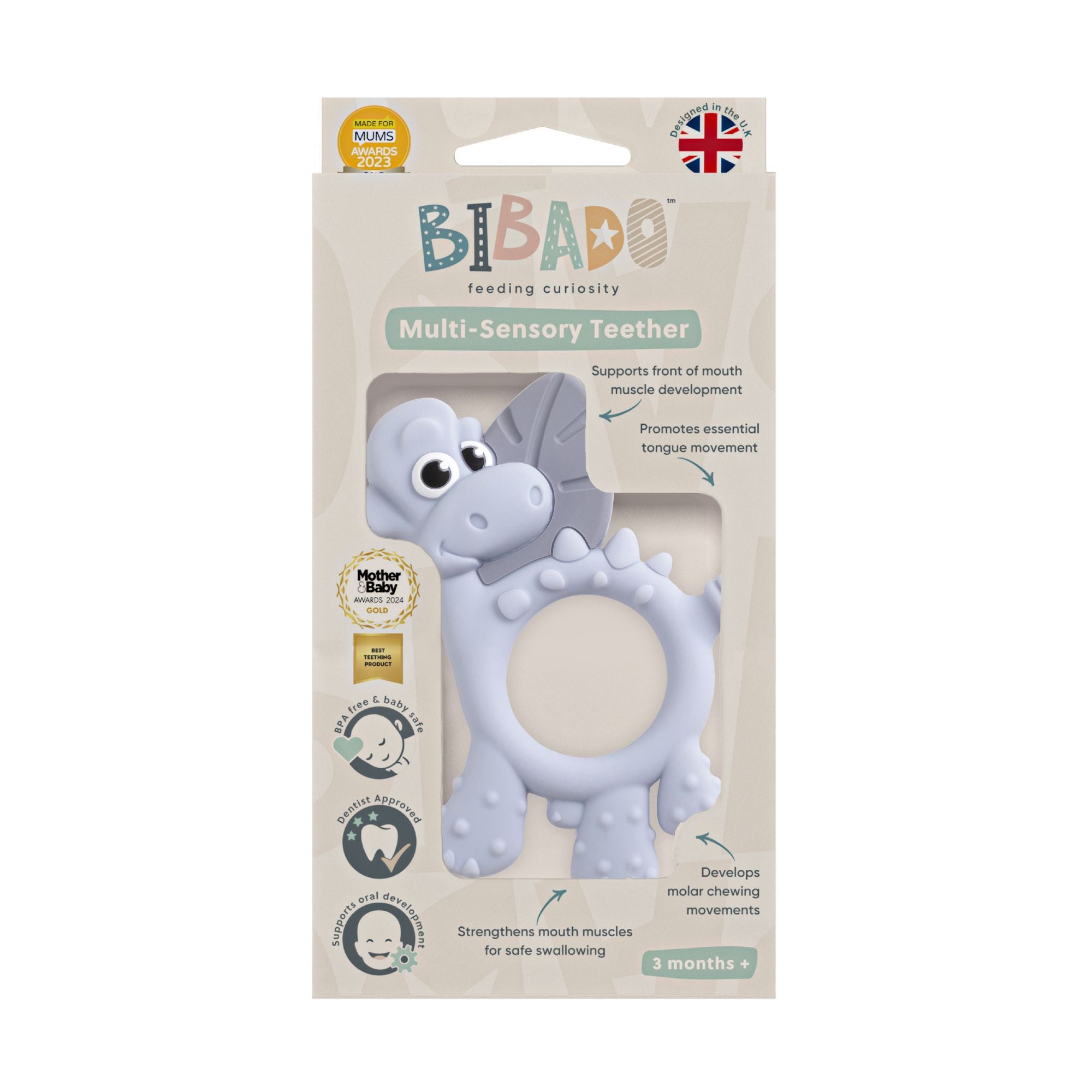 BiBaDo Dotty the Dinosaur- Silicone Multi Sensory Teether - Mist - 3m+