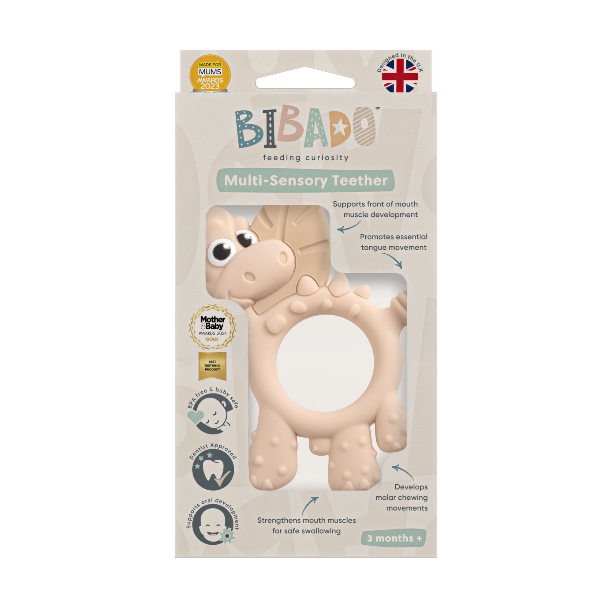 BiBaDo Dotty the Dinosaur- Silicone Multi Sensory Teether - Fawn- 3m+