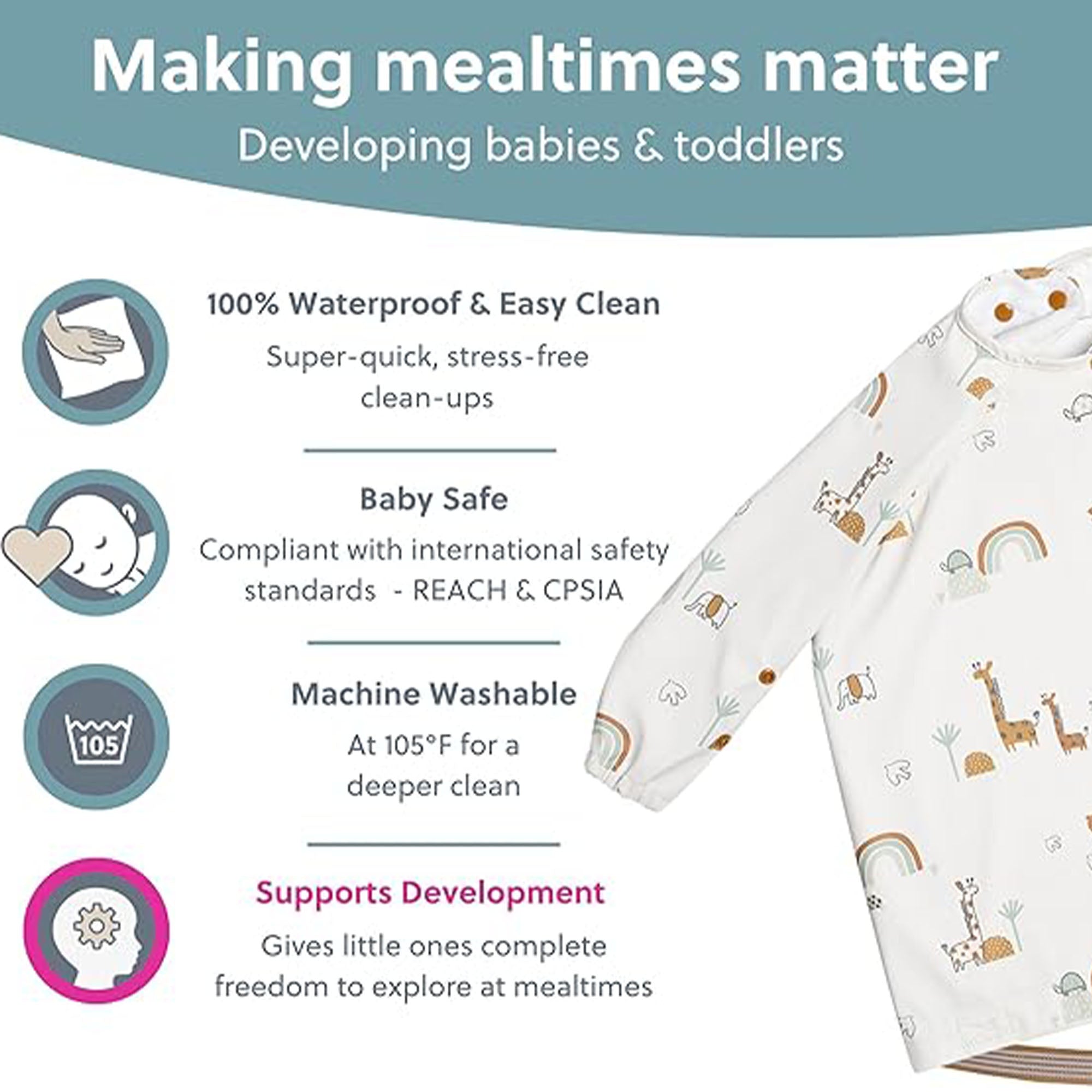 BiBaDo Stain & Water Proof Long Sleeve Coverall Shirt Weaning Bib Serengeti Spaghetti Print- White - For Infants