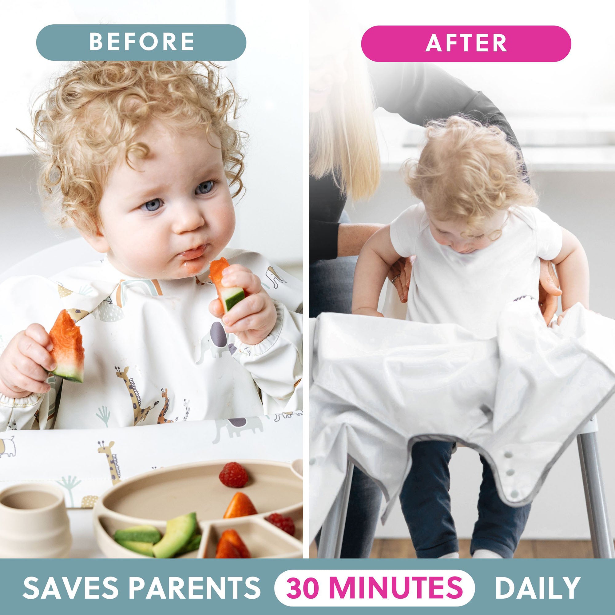 BiBaDo Stain & Water Proof Long Sleeve Coverall Shirt Weaning Bib Serengeti Spaghetti Print- White - For Infants