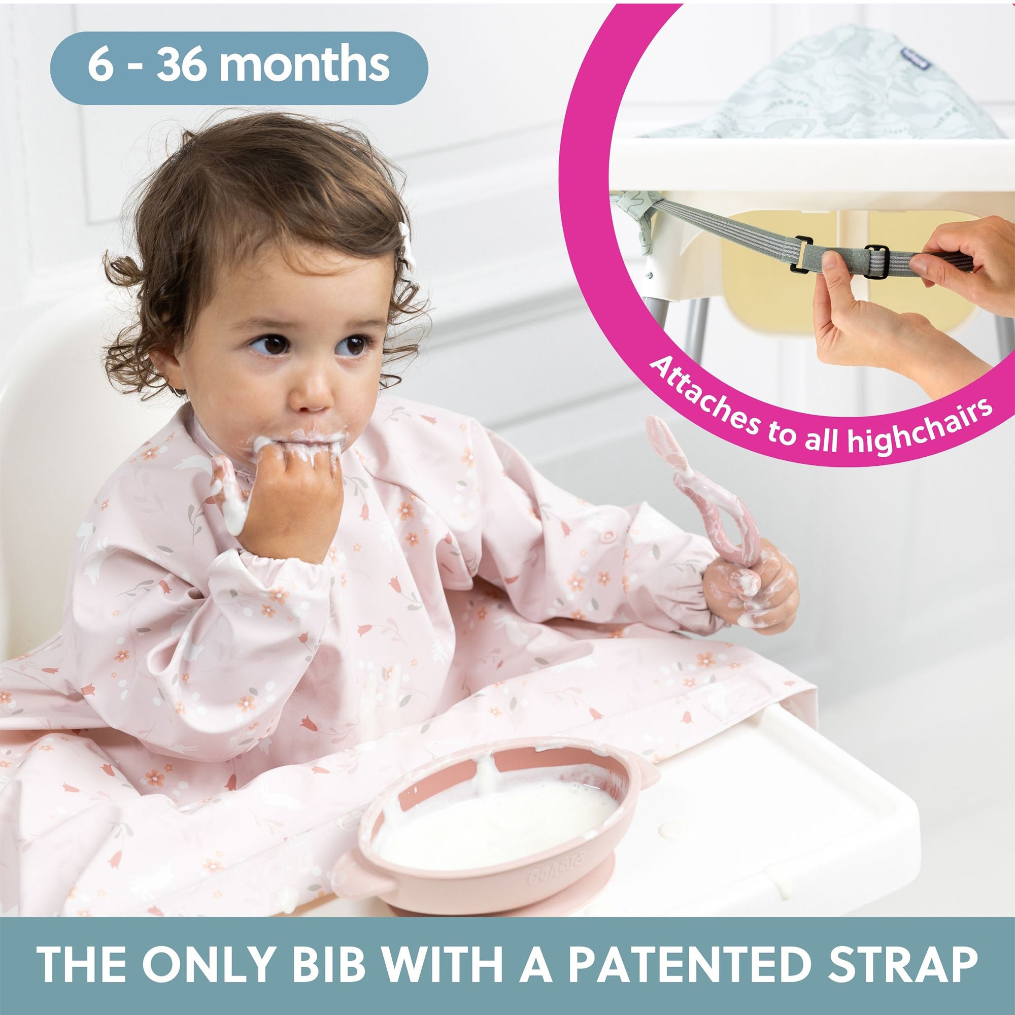 BiBaDo Stain & Water Proof Long Sleeve Coverall Shirt Weaning Bib Botanical Bunnies Print- Pink - For Infants