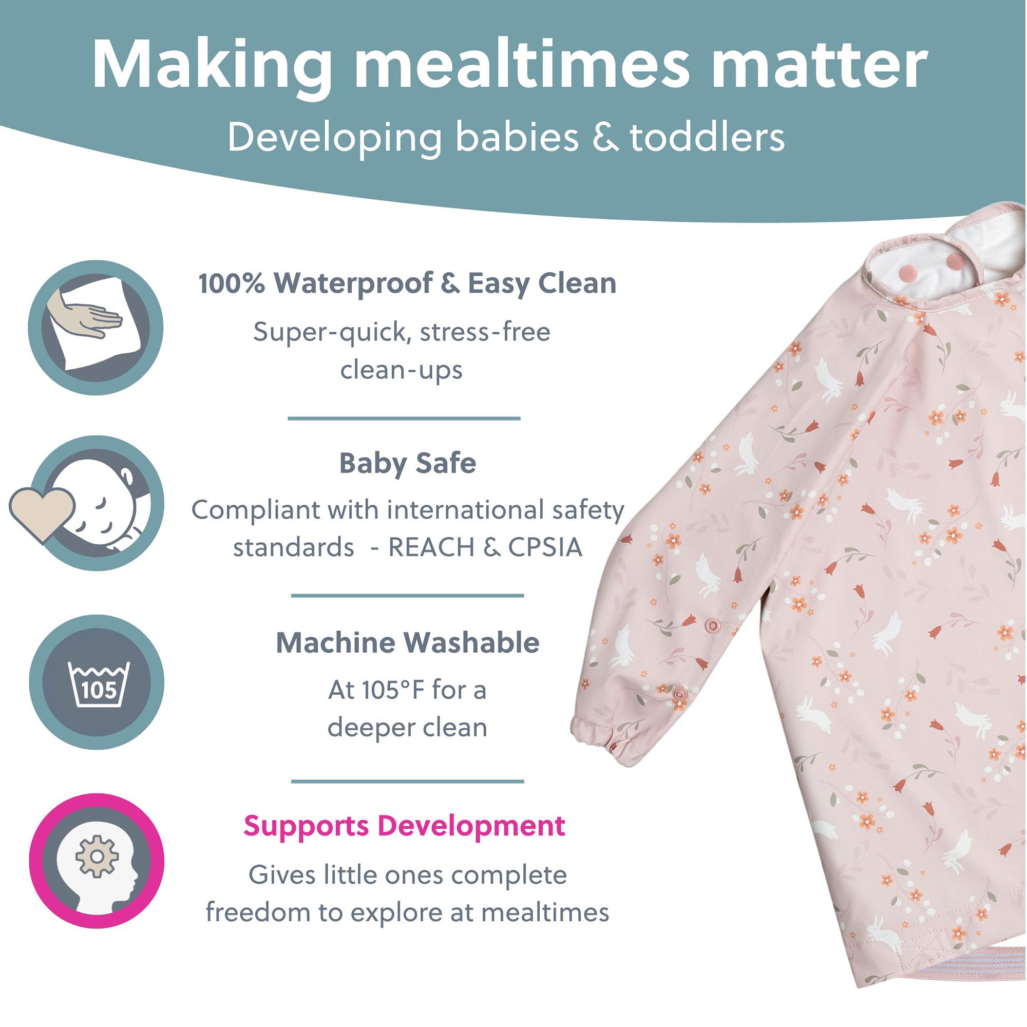 BiBaDo Stain & Water Proof Long Sleeve Coverall Shirt Weaning Bib Botanical Bunnies Print- Pink - For Infants