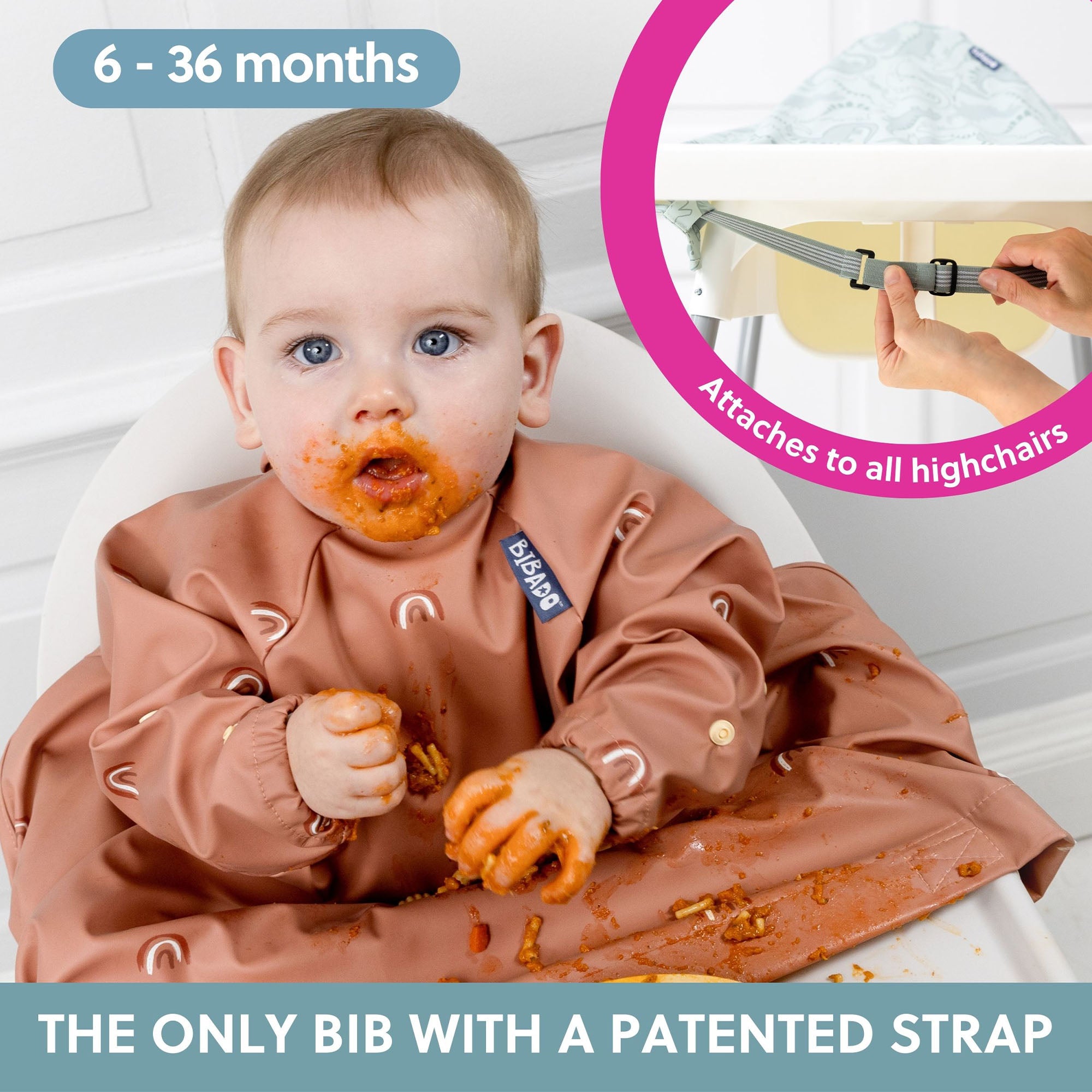 BiBaDo Stain & Water Proof Long Sleeve Coverall Shirt Weaning Bib Chasing Rainbows Print- Brown - For Infants