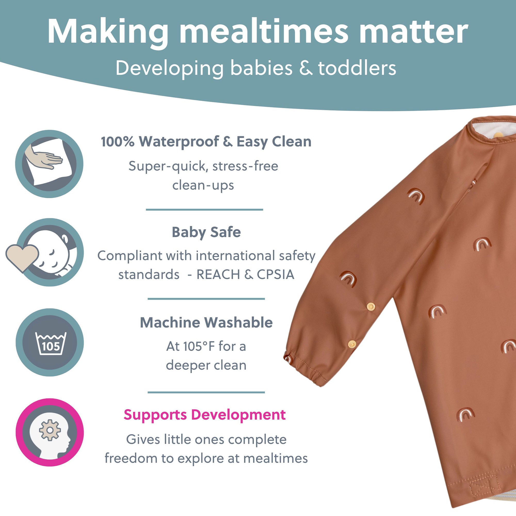 BiBaDo Stain & Water Proof Long Sleeve Coverall Shirt Weaning Bib Chasing Rainbows Print- Brown - For Infants