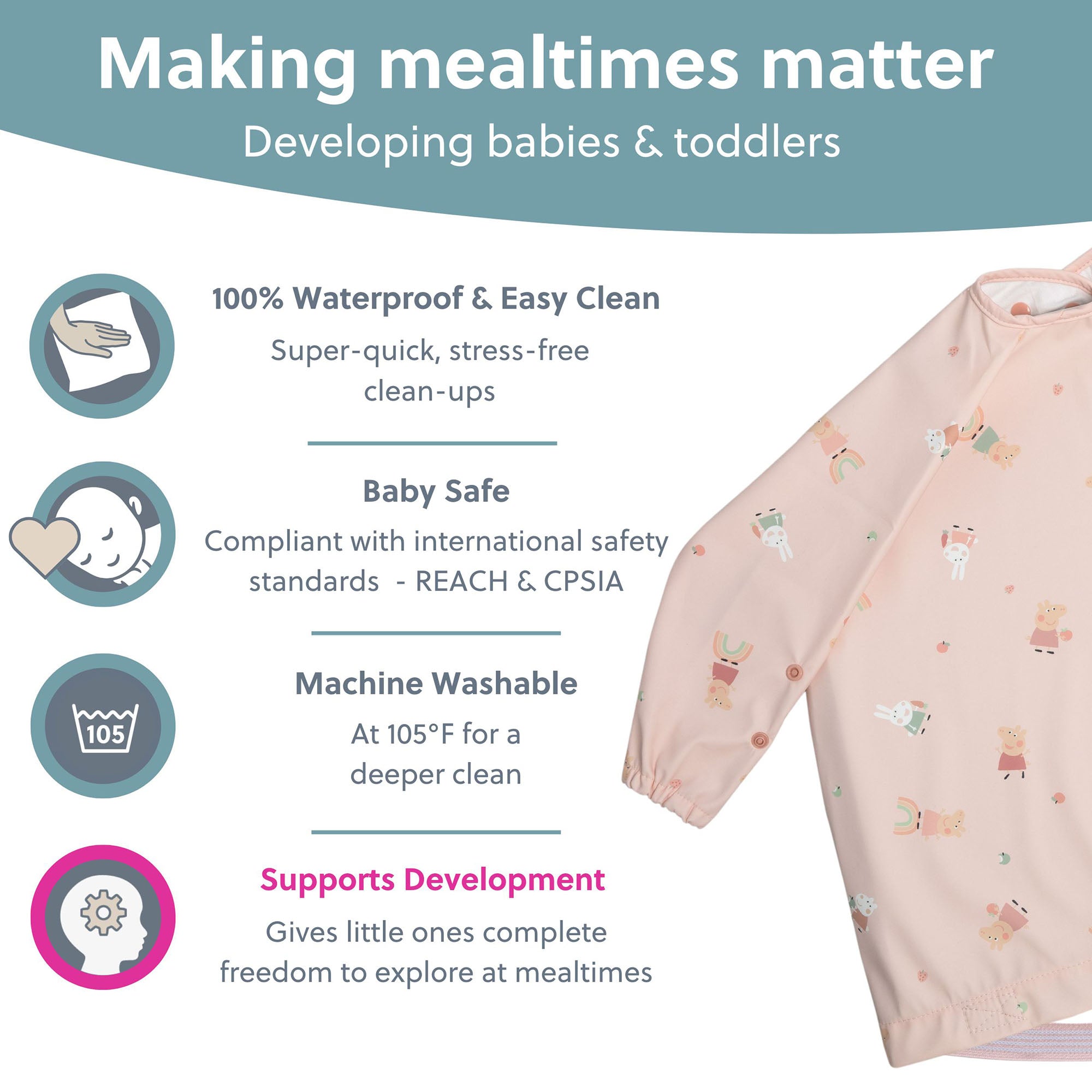 Bibado Stain & Water Proof Long Sleeve Coverall Shirt Weaning Bib Peppa Pig Print- Pink - For Infants