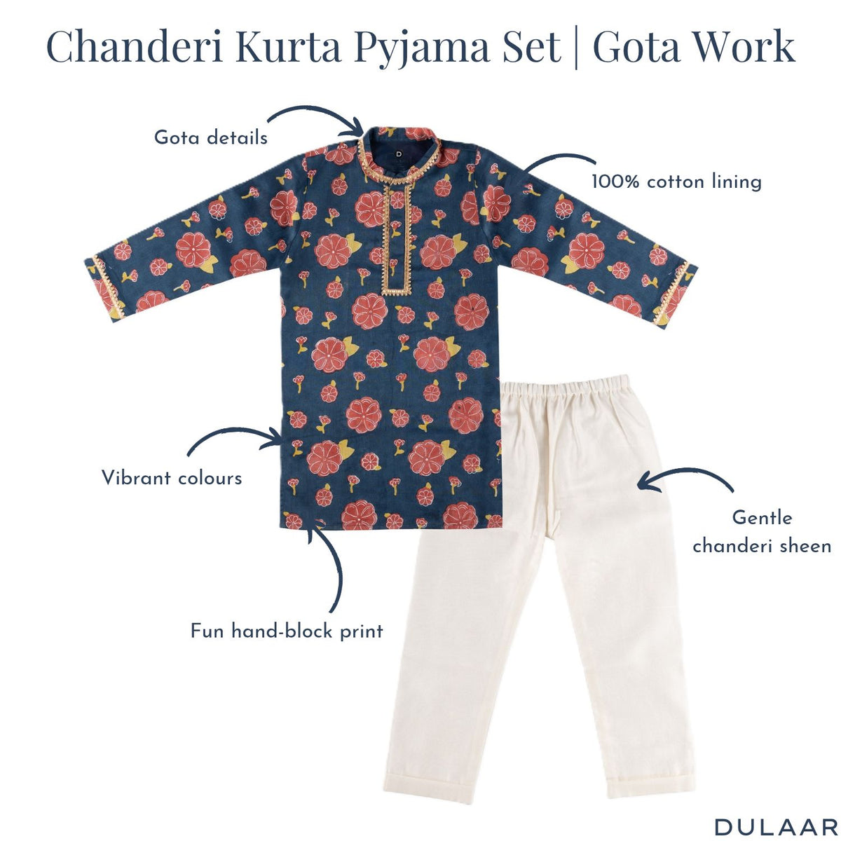 Chanderi Kurta Pyjama Set | Hand-Block Printed (Gota Work)