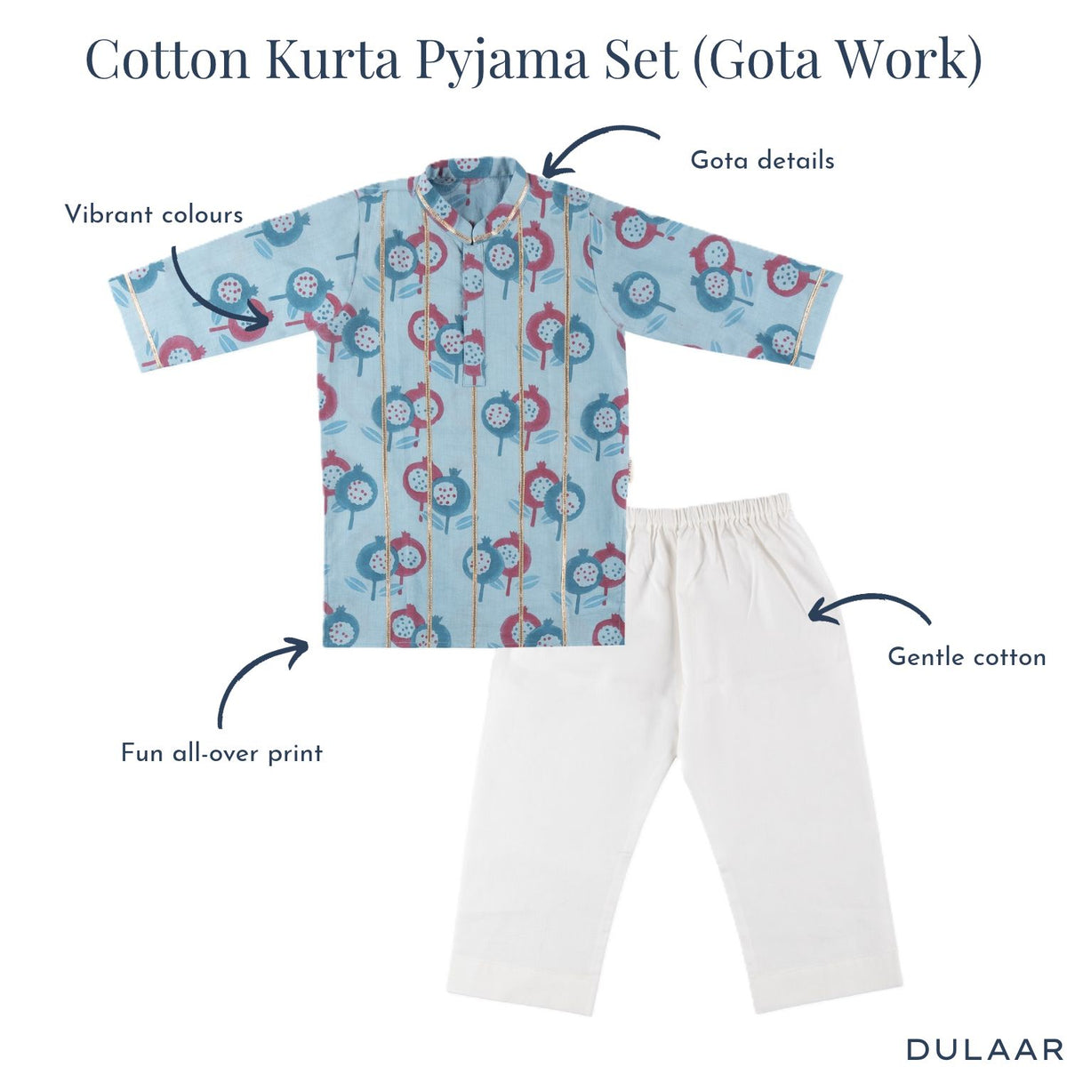 Cotton Kurta Pyjama Set | Hand-Block Printed (Gota Work)