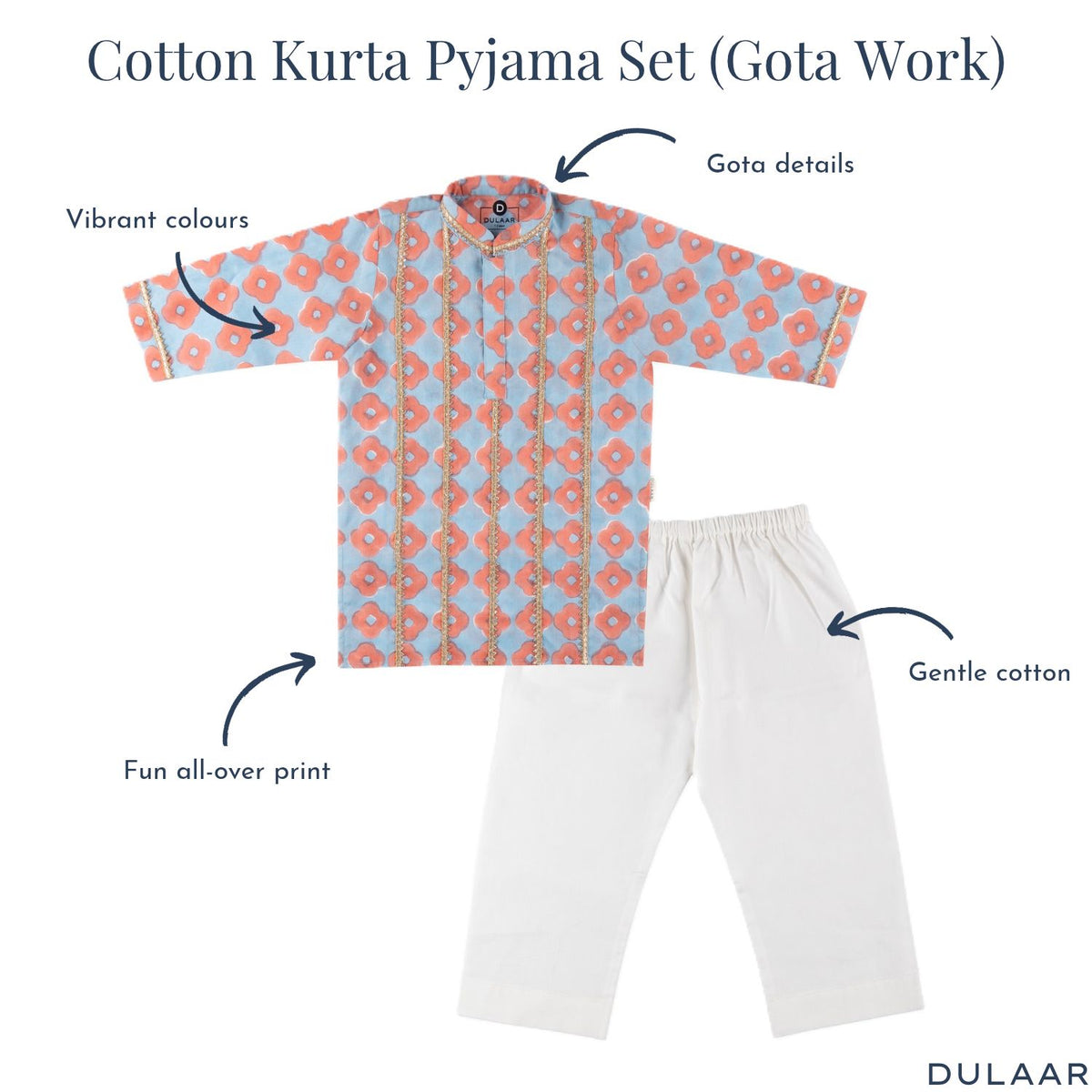 Cotton Kurta Pyjama Set | Hand-Block Printed (Gota Work)