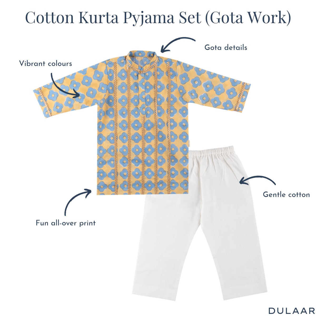 Cotton Kurta Pyjama Set | Hand-Block Printed (Gota Work)
