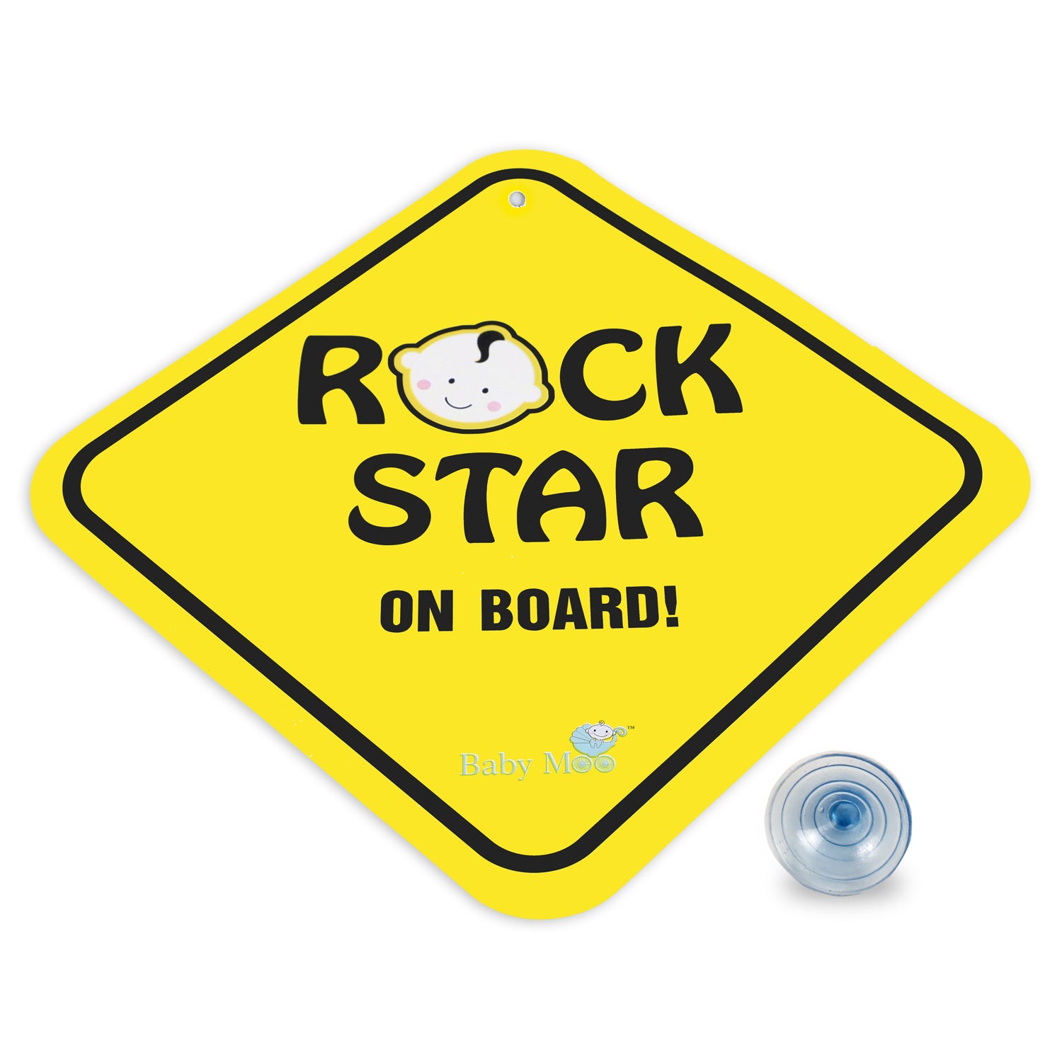 Baby Moo Rock Star on Board Car Safety Sign With Vacuum Suction Cup Clip - Yellow