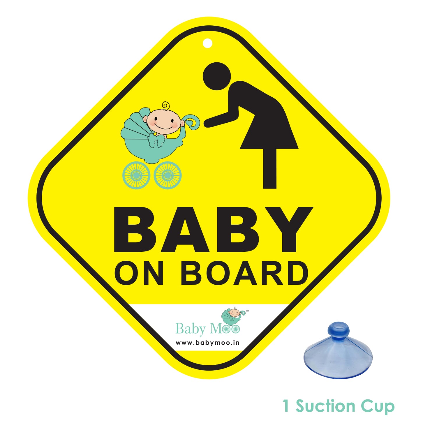 Baby Moo Car Safety Sign Baby On Board With Vacuum Suction Cup Clip - Yellow