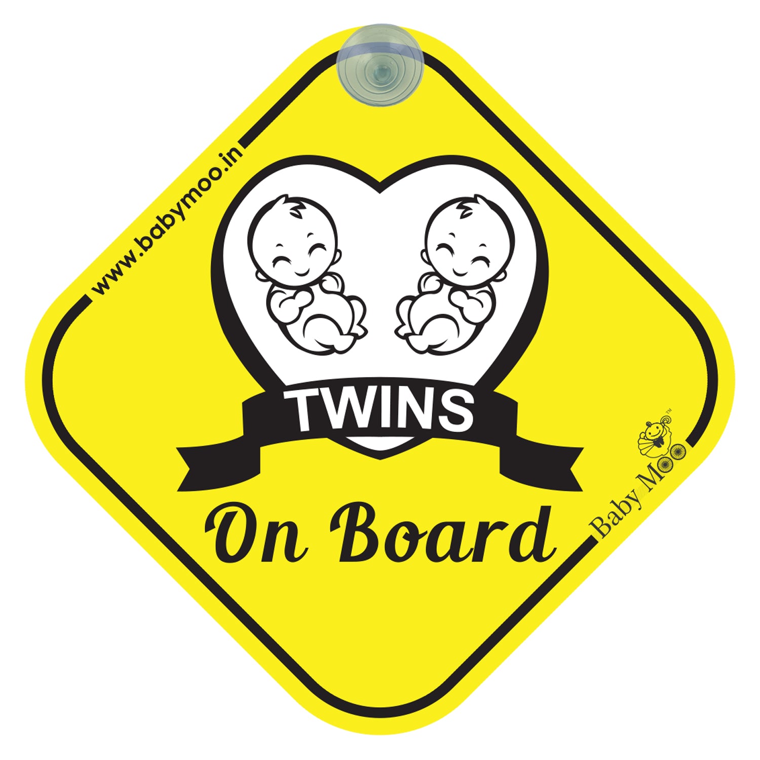 Baby Moo Twins On Board With Vacuum Suction Cup Clip - Yellow