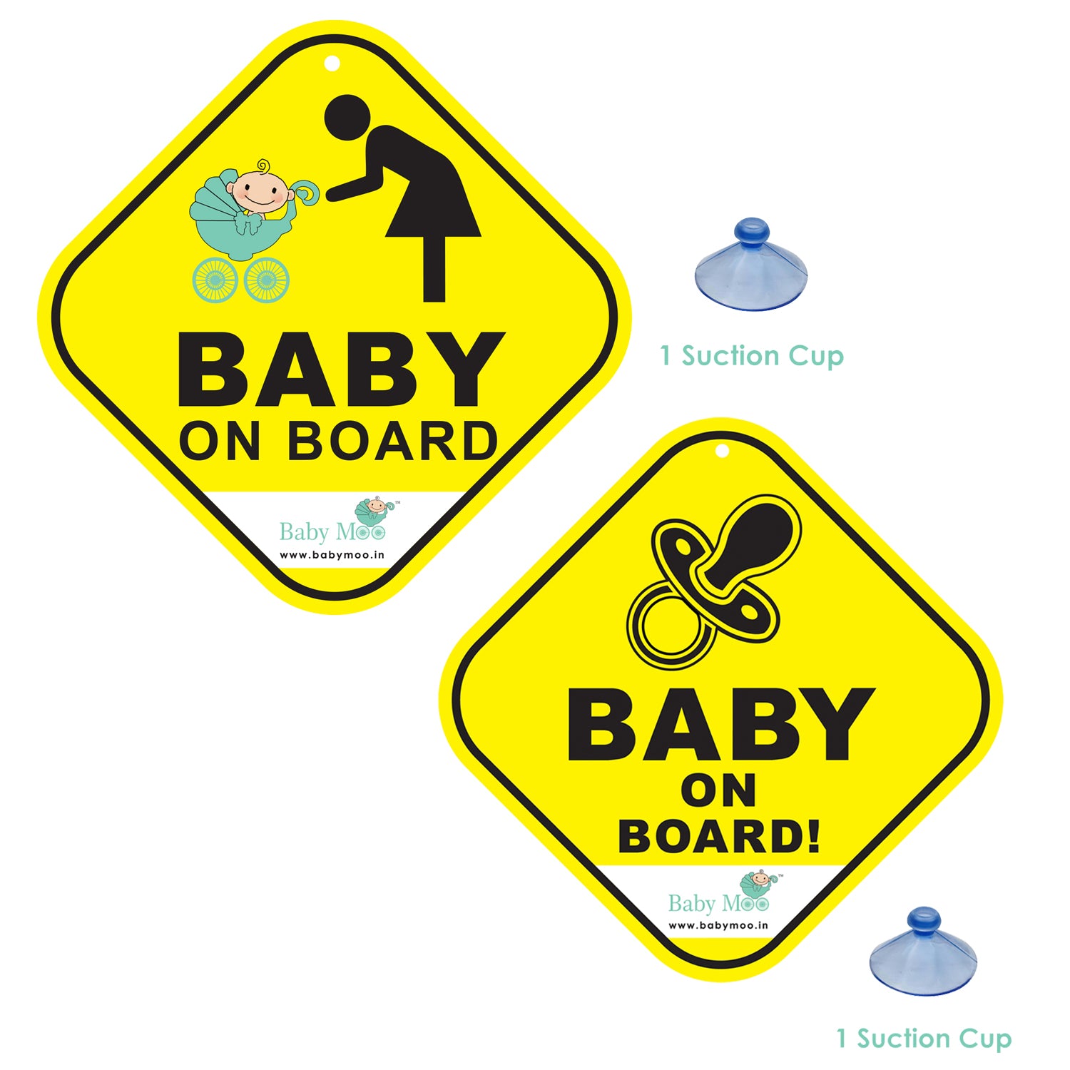 Baby Moo Car Safety Sign Infant Baby On Board With Suction Cup Clip 2 Pack - Yellow