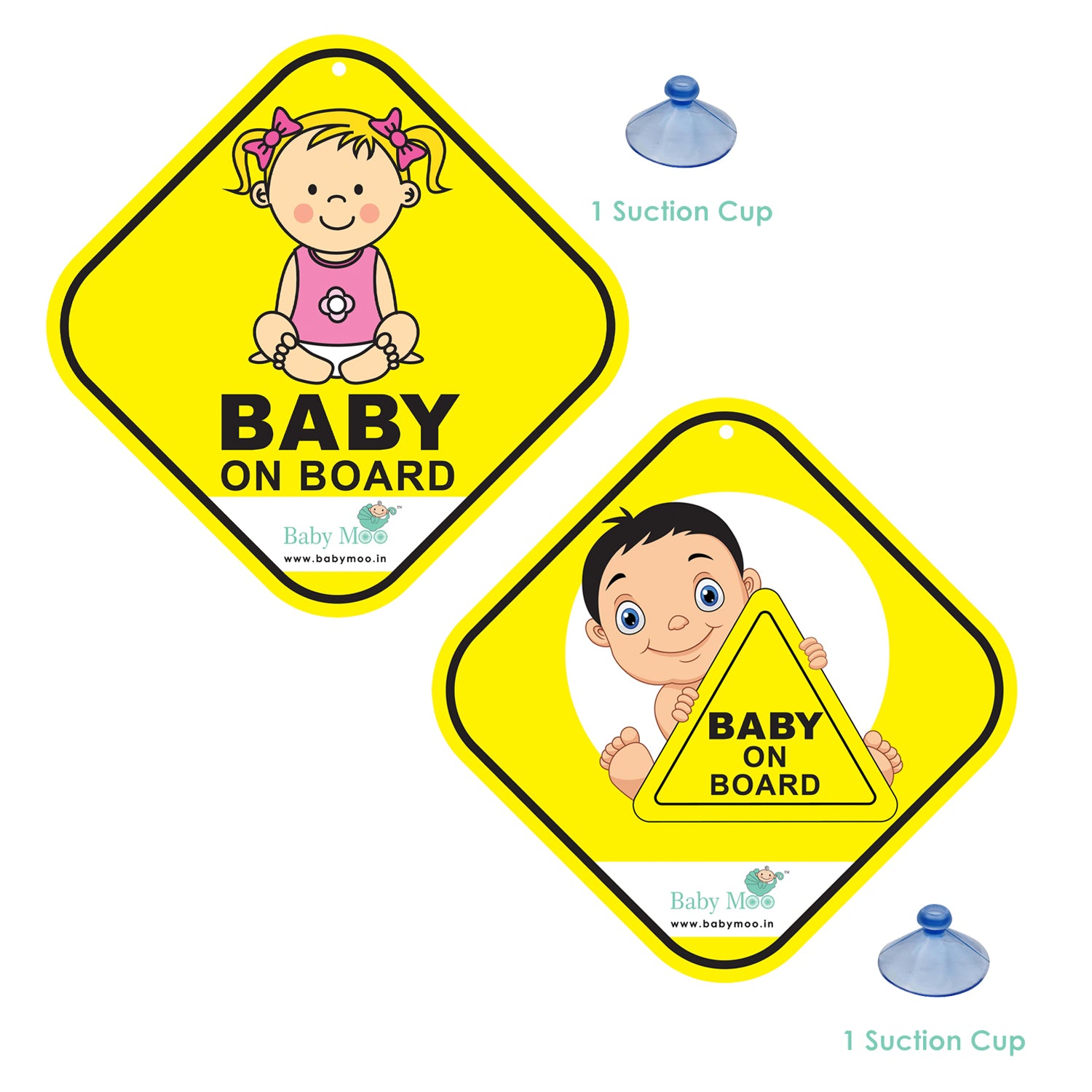 Baby Moo Kids Car Safety Sign Baby On Board With Suction Cup Clip 2 Pack - Yellow