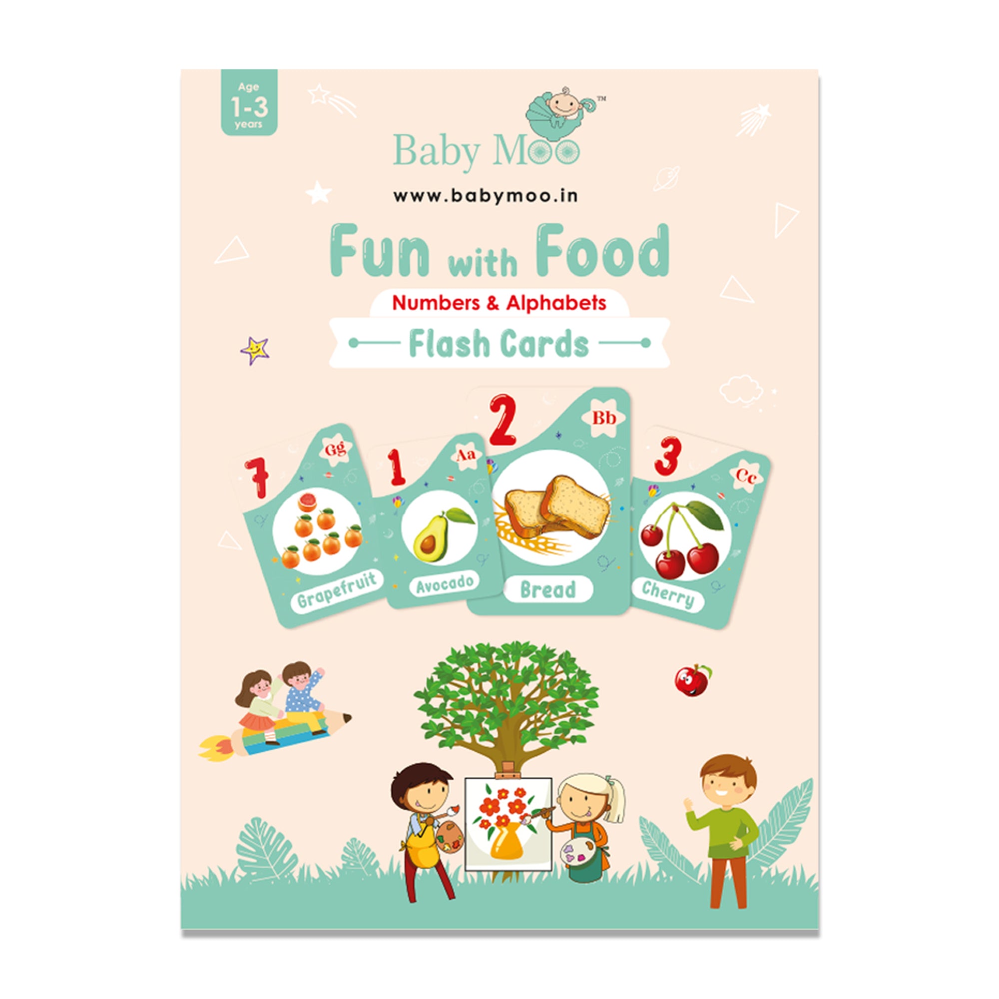 Baby Moo Fun With Food Numbers & Alphabets Montessori Set Of 10 Flash Cards - Green, Peach