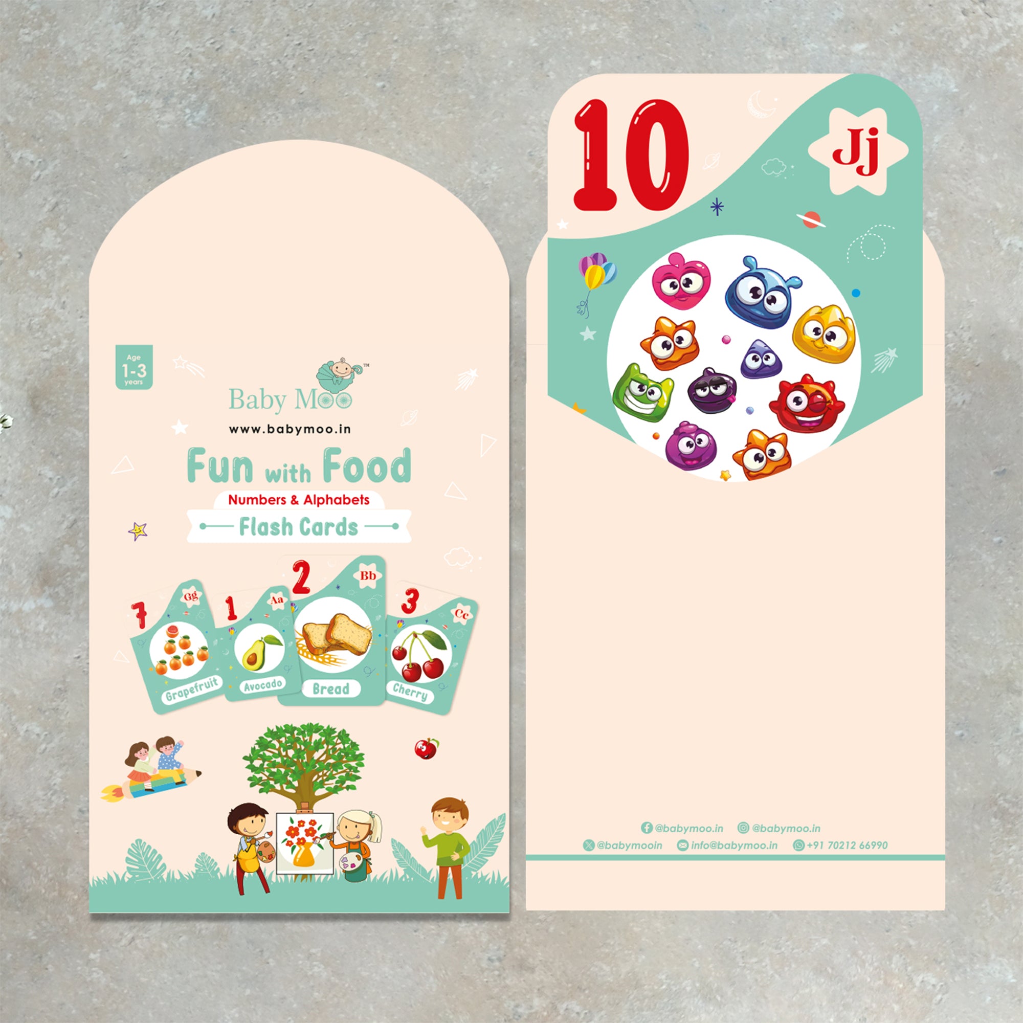 Baby Moo Fun With Food Numbers & Alphabets Montessori Set Of 10 Flash Cards - Green, Peach