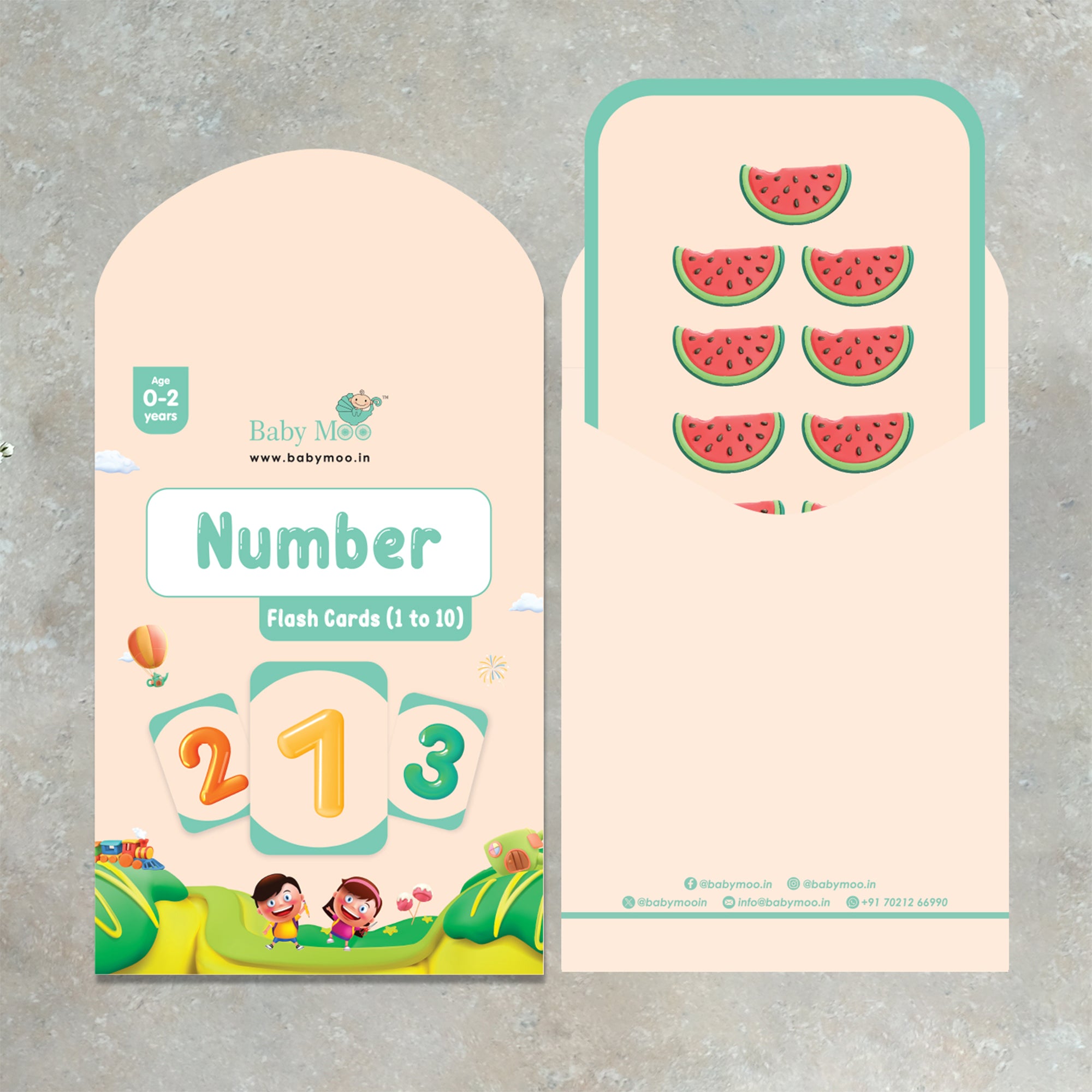 Baby Moo Numbers 1 To 10 Flash Cards - Green, Peach