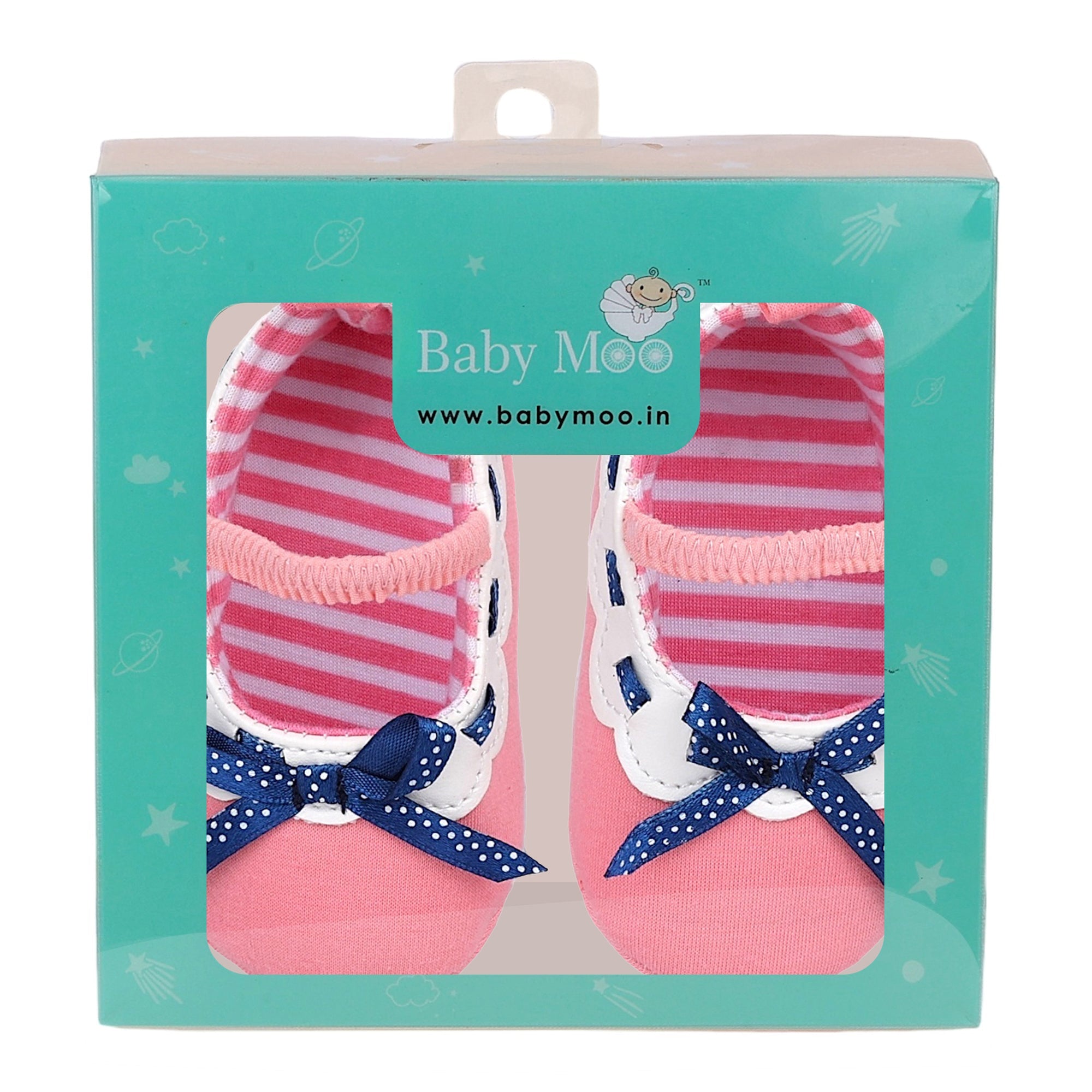 Baby Moo Bow Knot Mary Jane Elastic Strap Anti-Skid Ballerina Booties - Peach