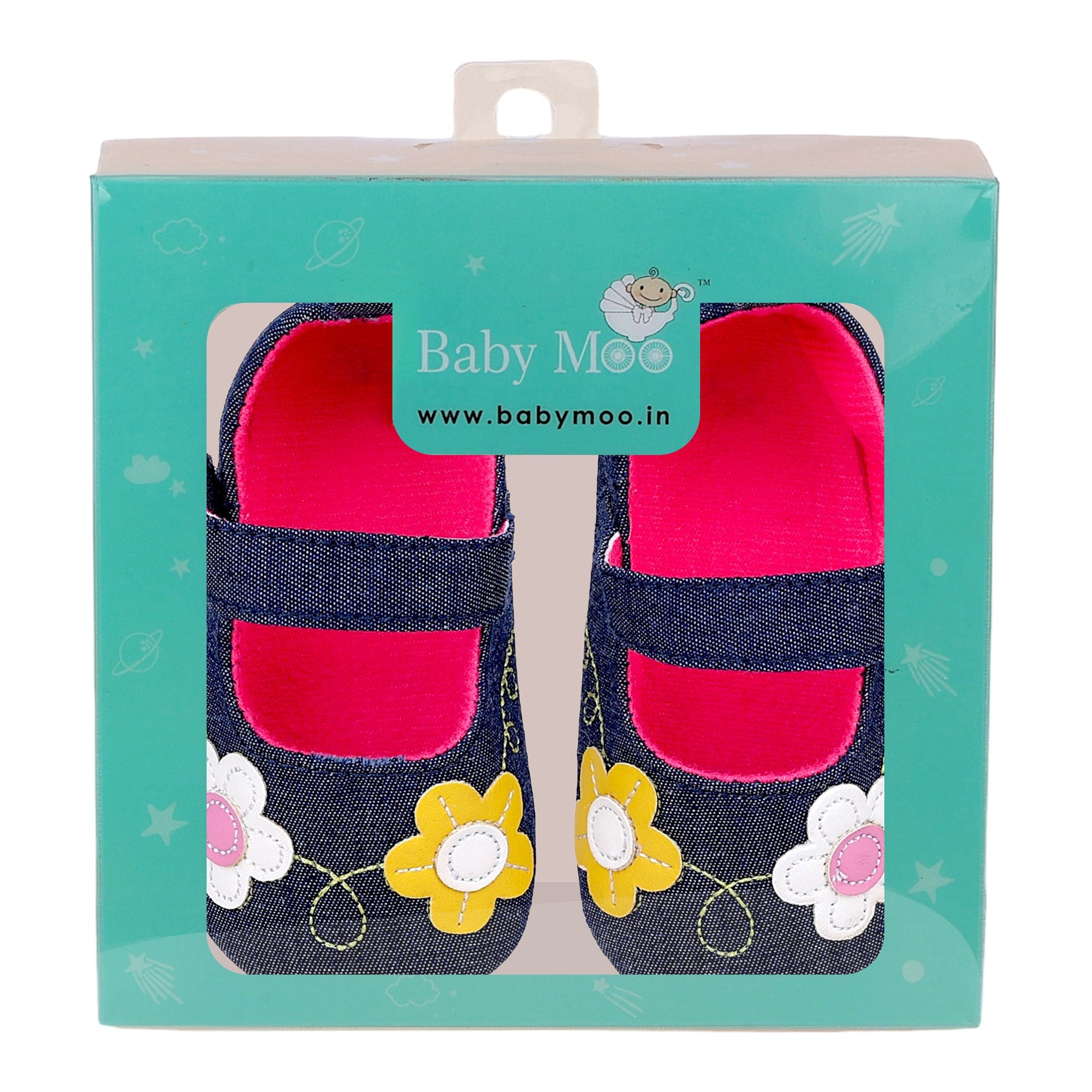 Baby Moo Floral Applique Anti-Skid Ballerina Booties - Navy Blue