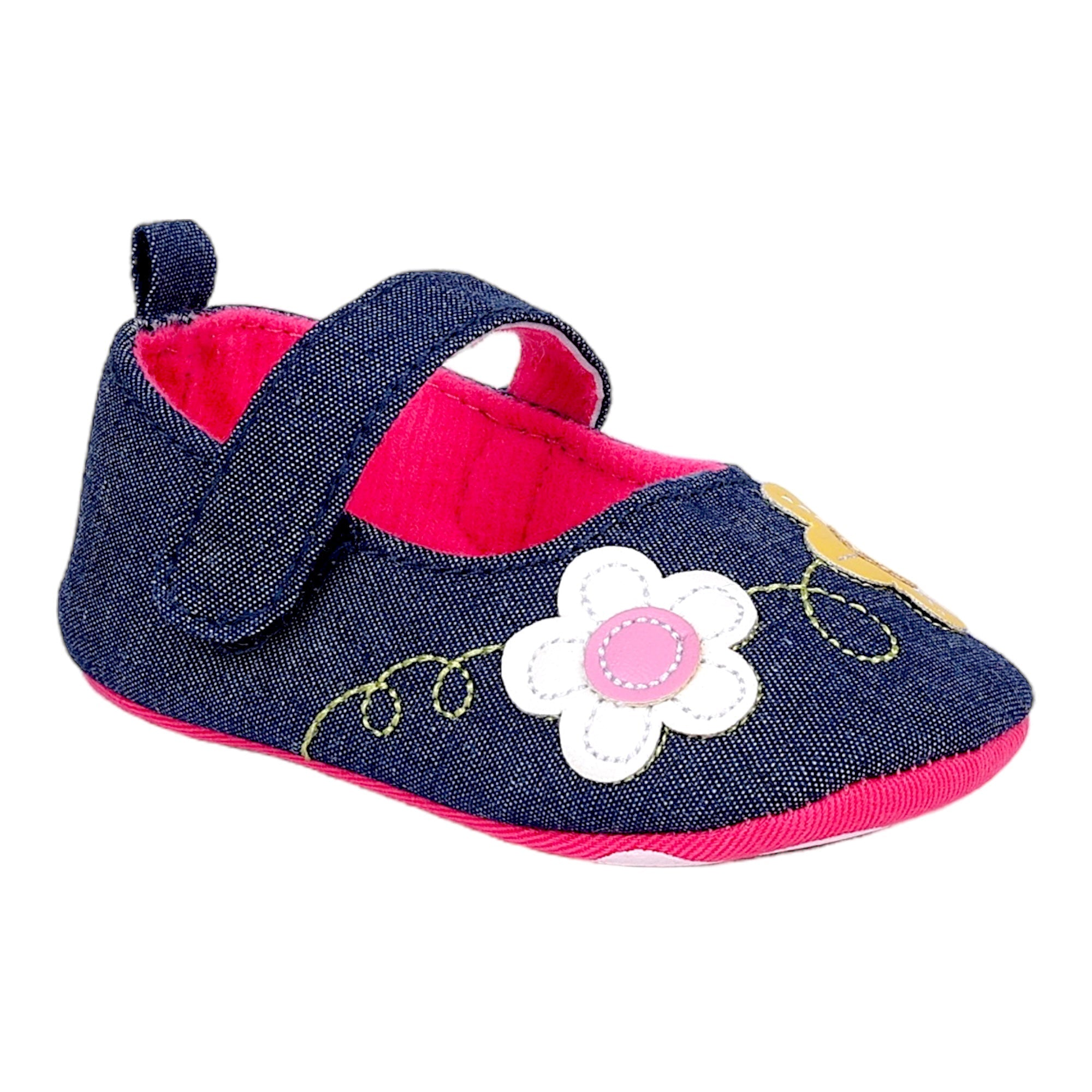 Baby Moo Floral Applique Anti-Skid Ballerina Booties - Navy Blue