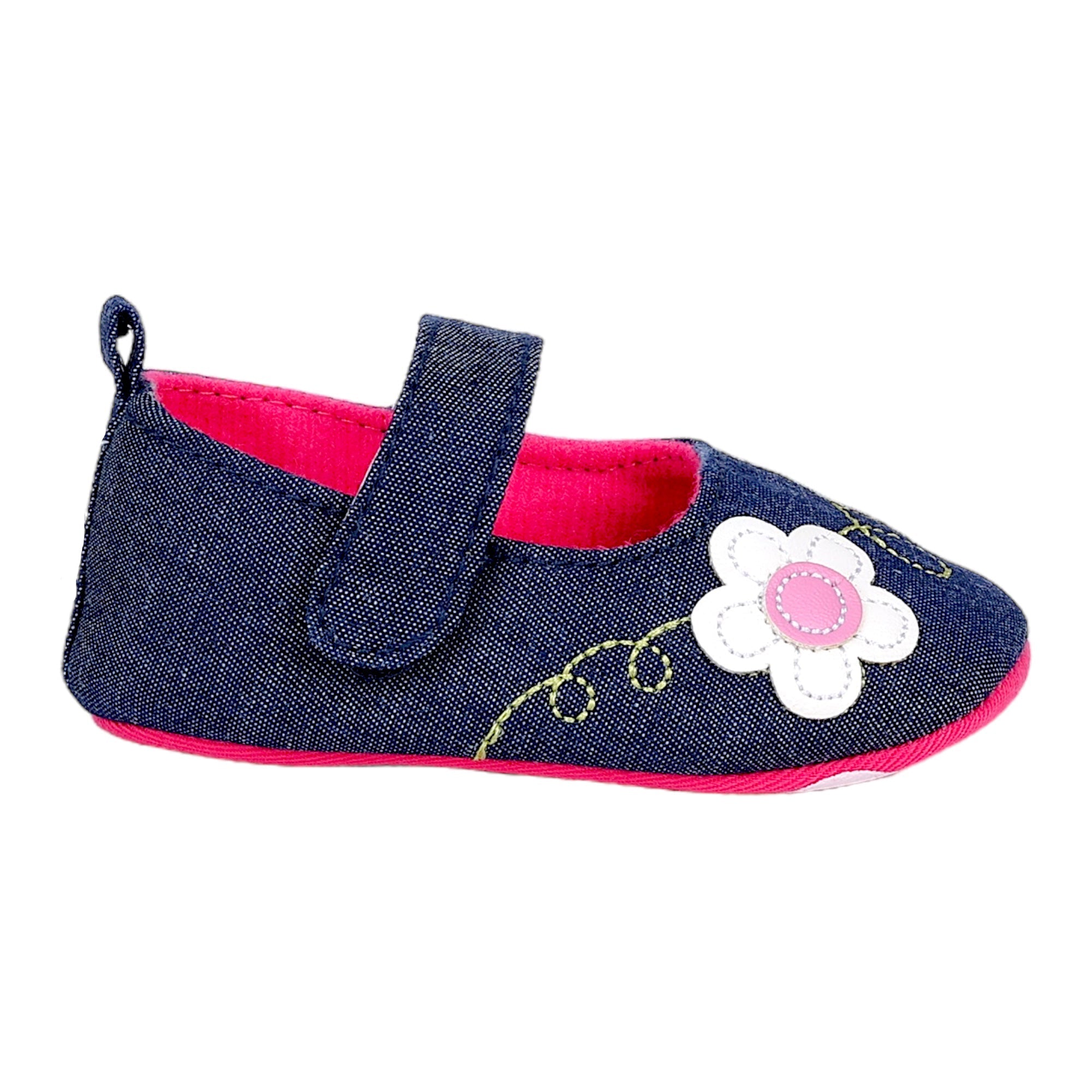 Baby Moo Floral Applique Anti-Skid Ballerina Booties - Navy Blue