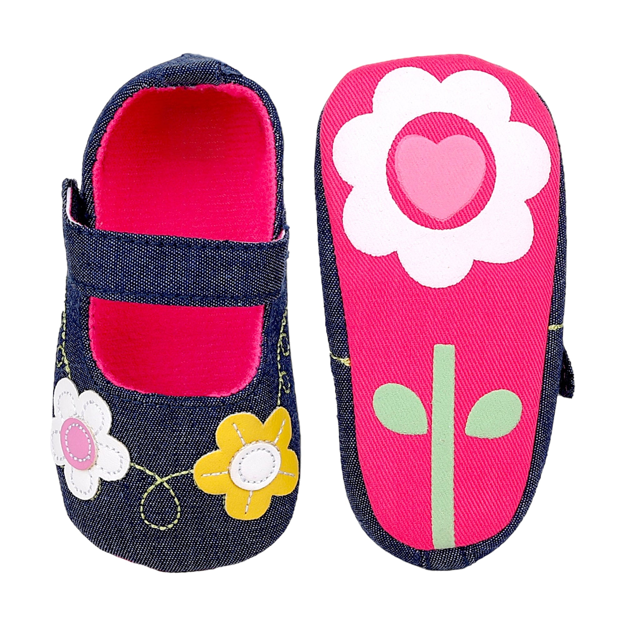 Baby Moo Floral Applique Anti-Skid Ballerina Booties - Navy Blue