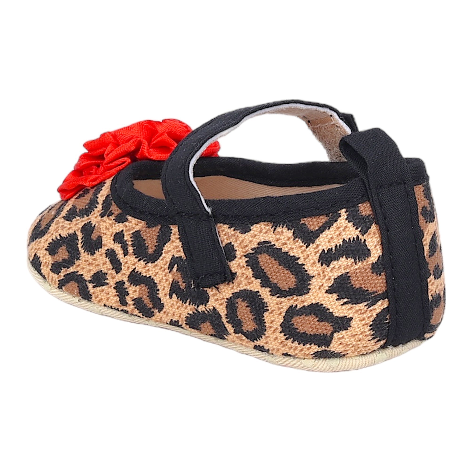 Baby Moo Leopard Printed Rose Applique Anti-Skid Ballerina Booties - Beige