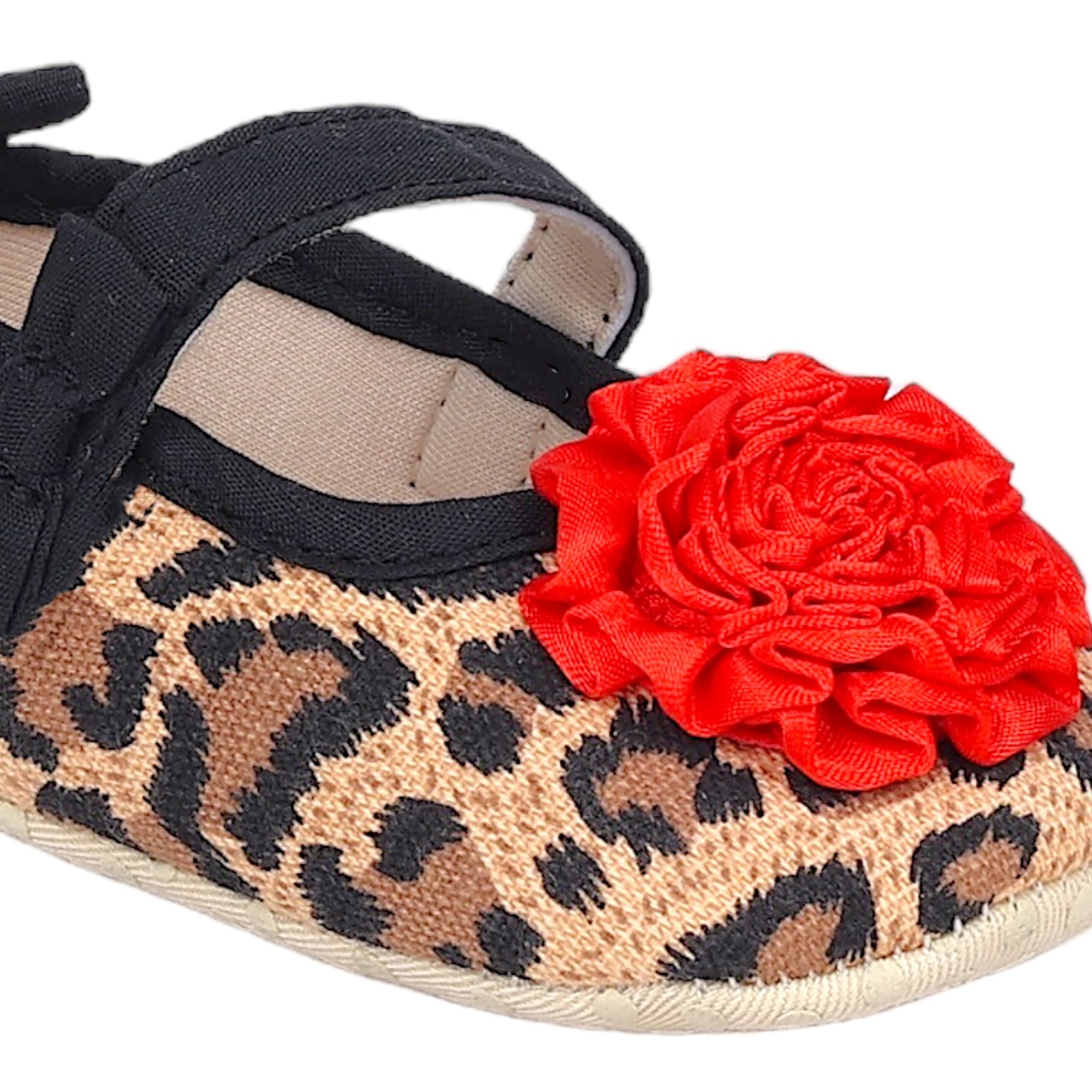 Baby Moo Leopard Printed Rose Applique Anti-Skid Ballerina Booties - Beige