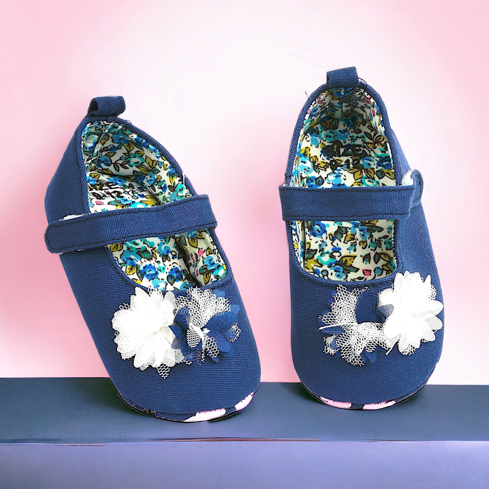 Baby Moo Embellished Flower Anti-Skid Ballerina Booties - Navy Blue