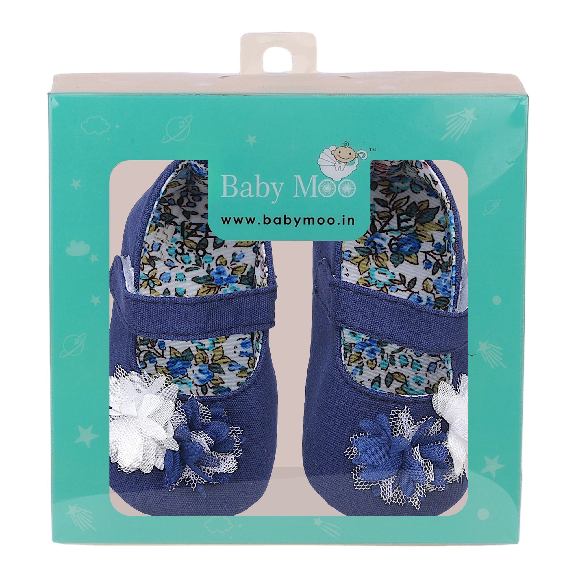 Baby Moo Embellished Flower Anti-Skid Ballerina Booties - Navy Blue