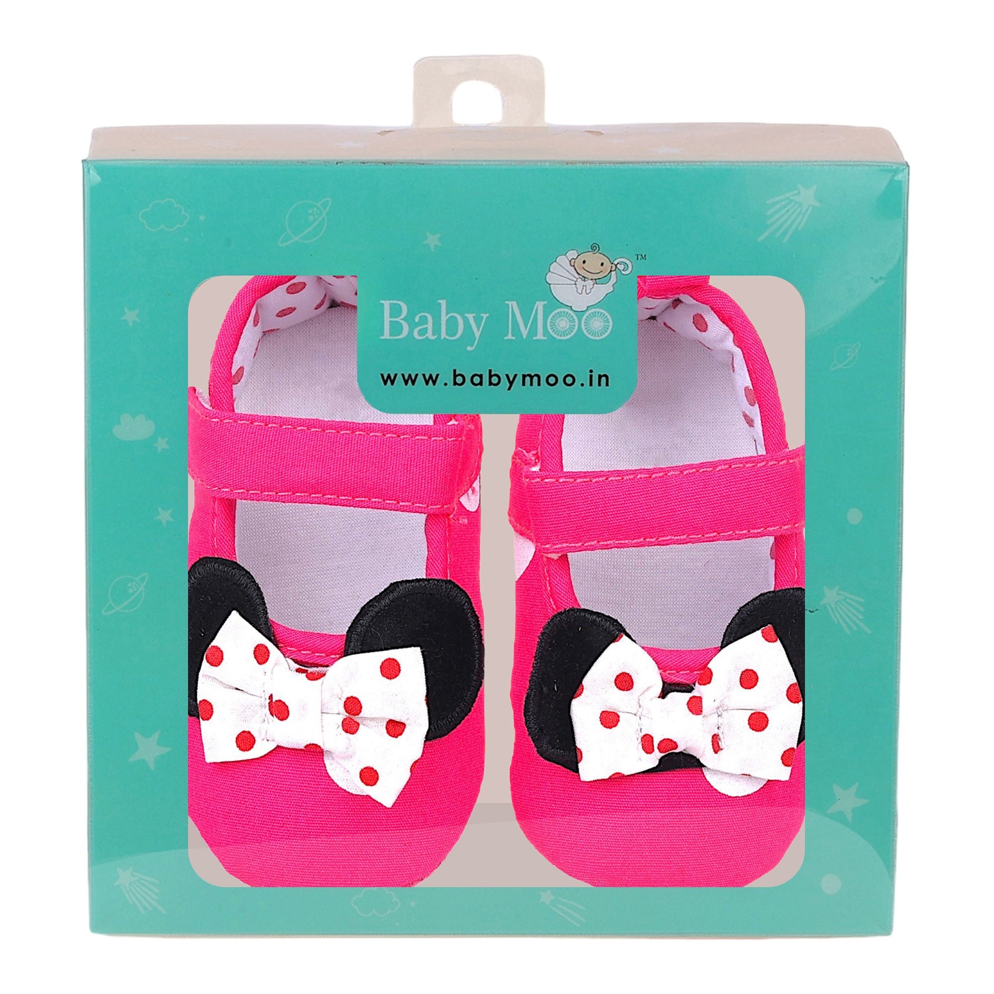 Baby Moo Mini Mouse Bow Velcro Strap Anti-Skid Ballerina Booties - Pink