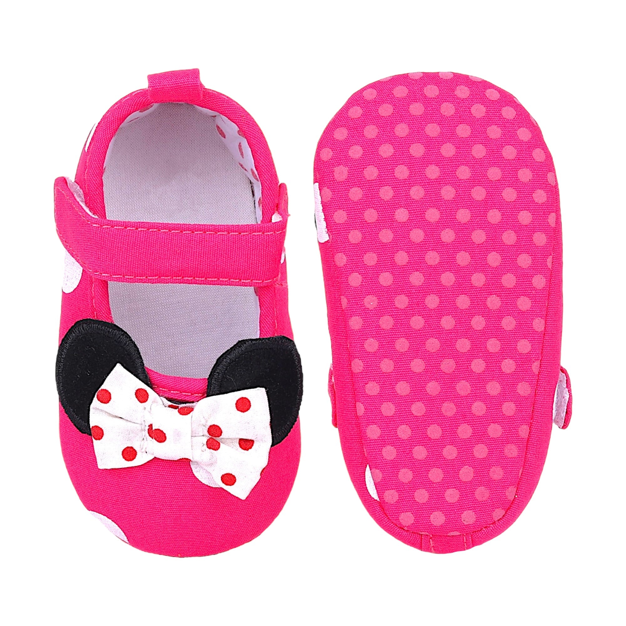 Baby Moo Mini Mouse Bow Velcro Strap Anti-Skid Ballerina Booties - Pink