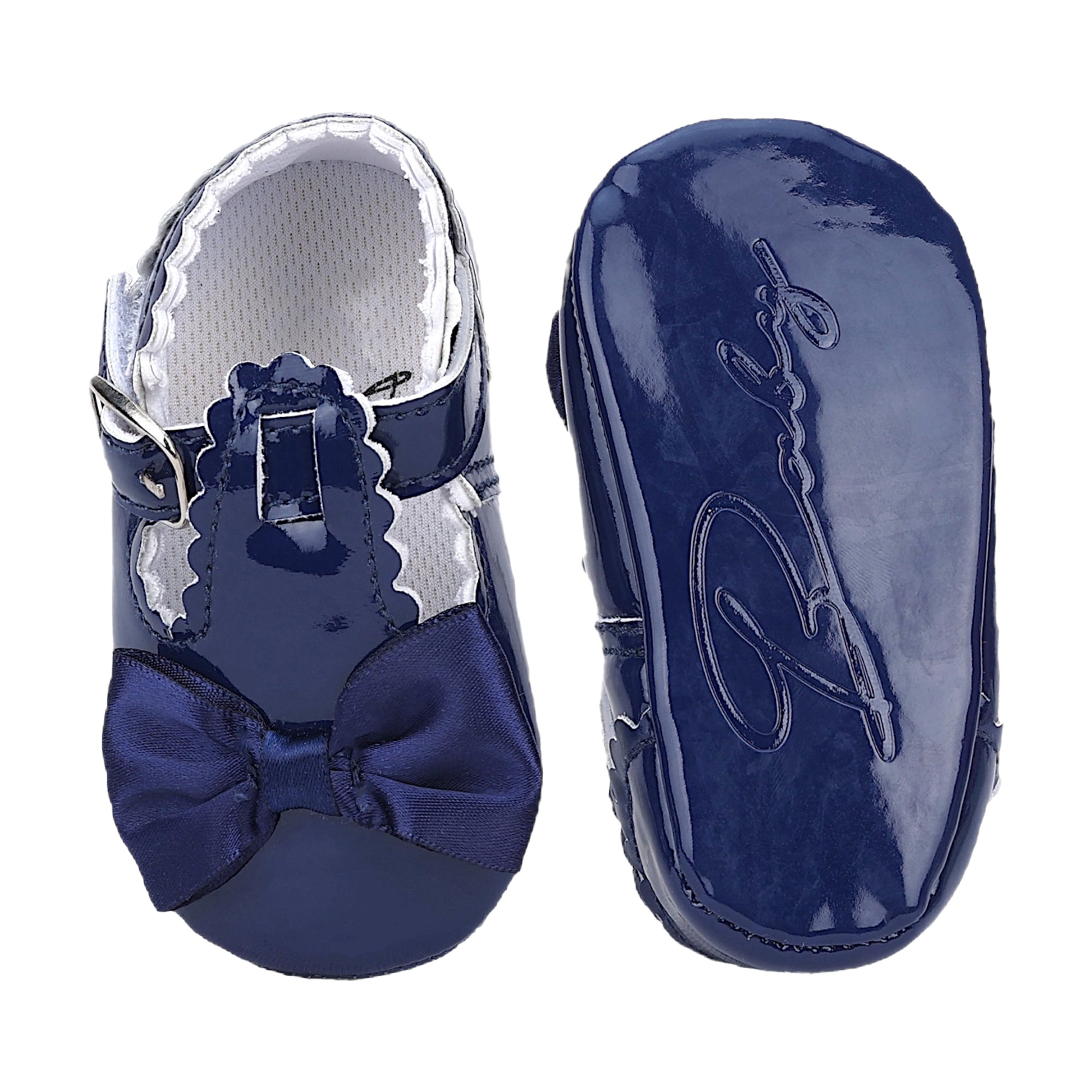 Baby Moo Mary Jane Bow Patent Leather Anti-Skid Ballerina Booties - Blue