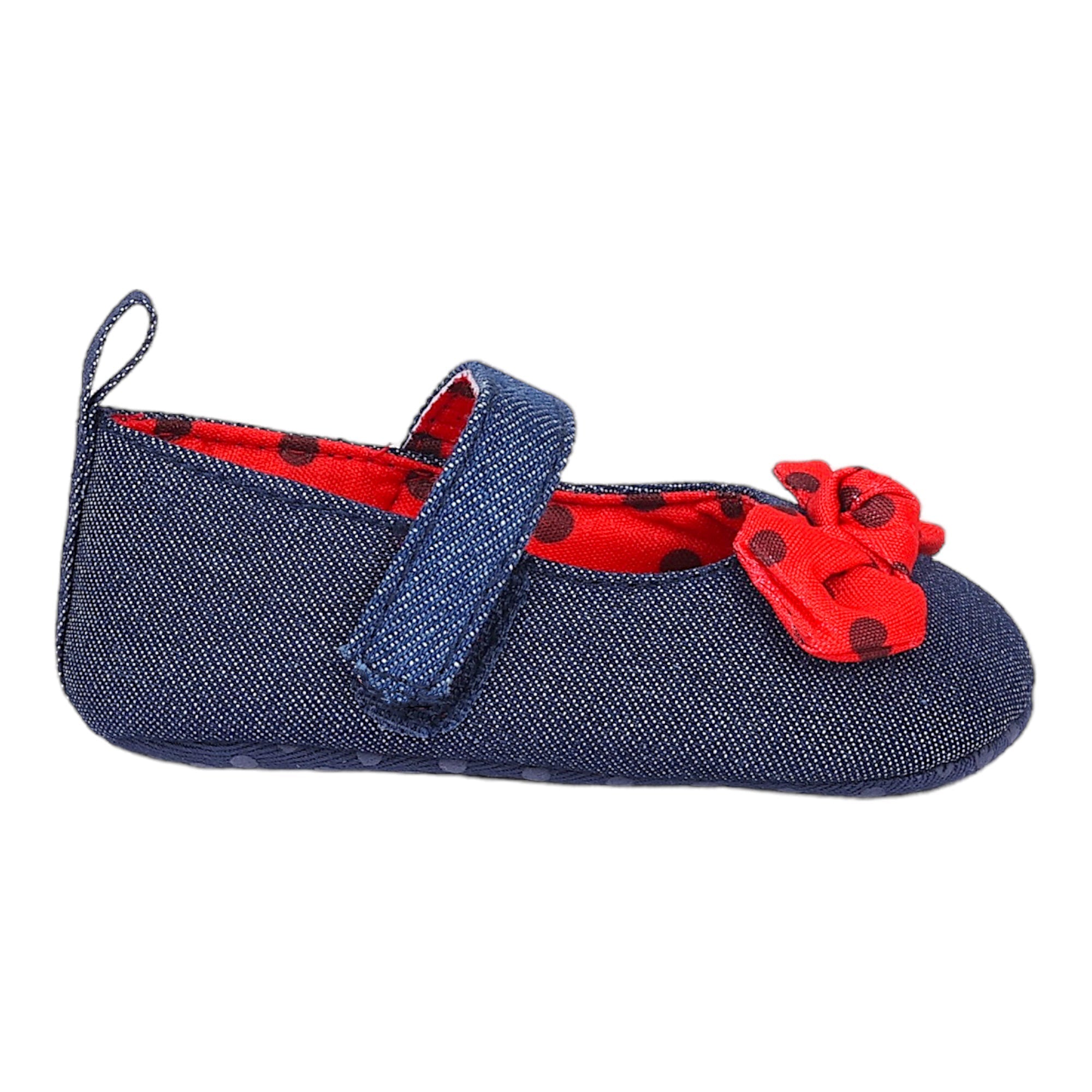 Baby Moo Polka Bow Knot Velcro Strap Denim Ballerina Booties - Navy Blue