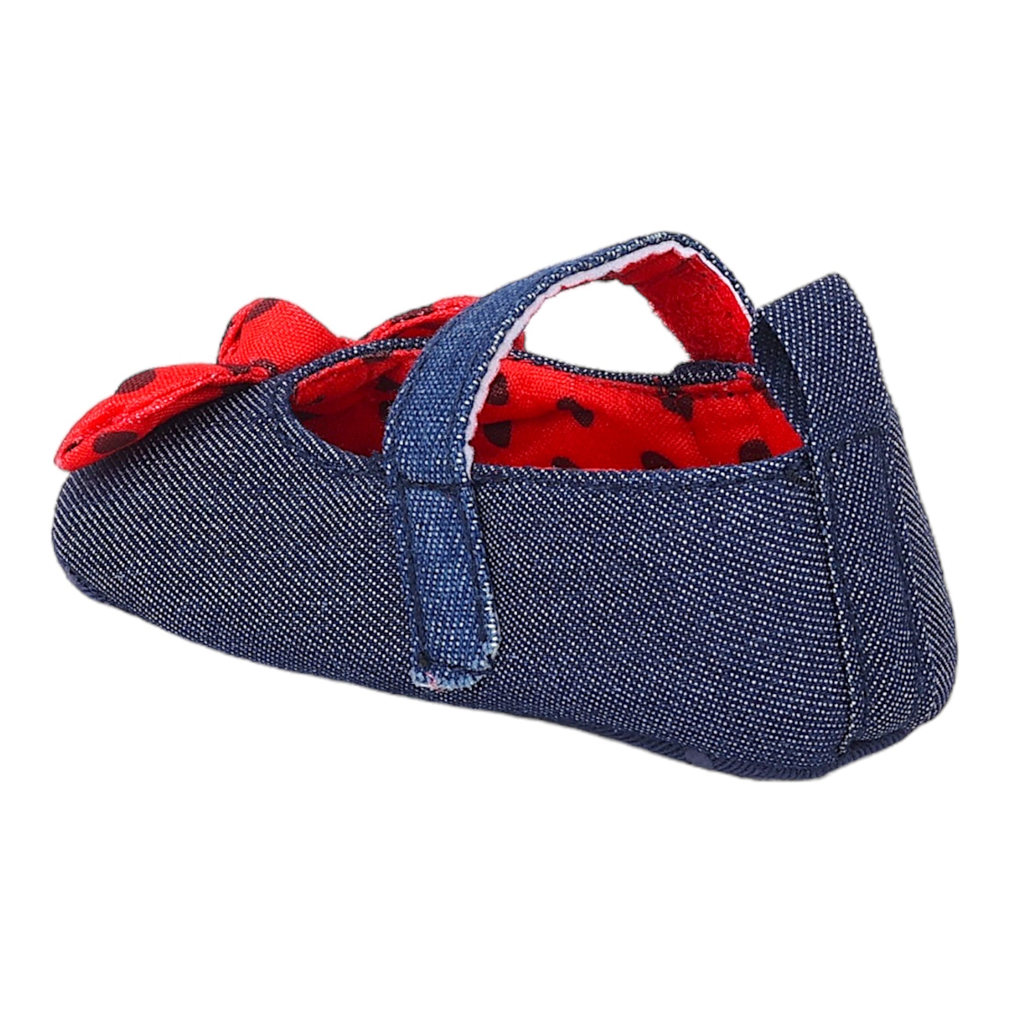 Baby Moo Polka Bow Knot Velcro Strap Denim Ballerina Booties - Navy Blue