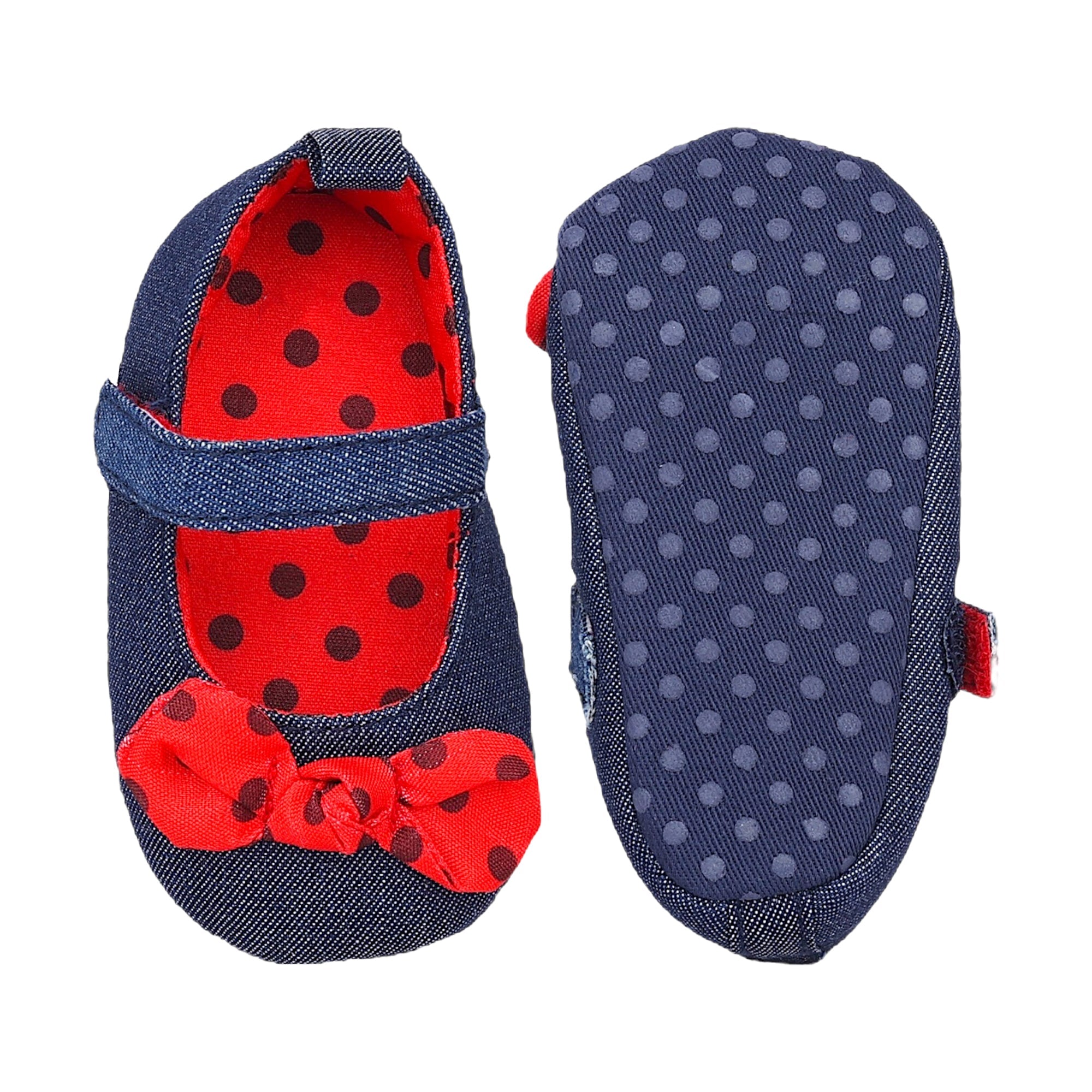 Baby Moo Polka Bow Knot Velcro Strap Denim Ballerina Booties - Navy Blue