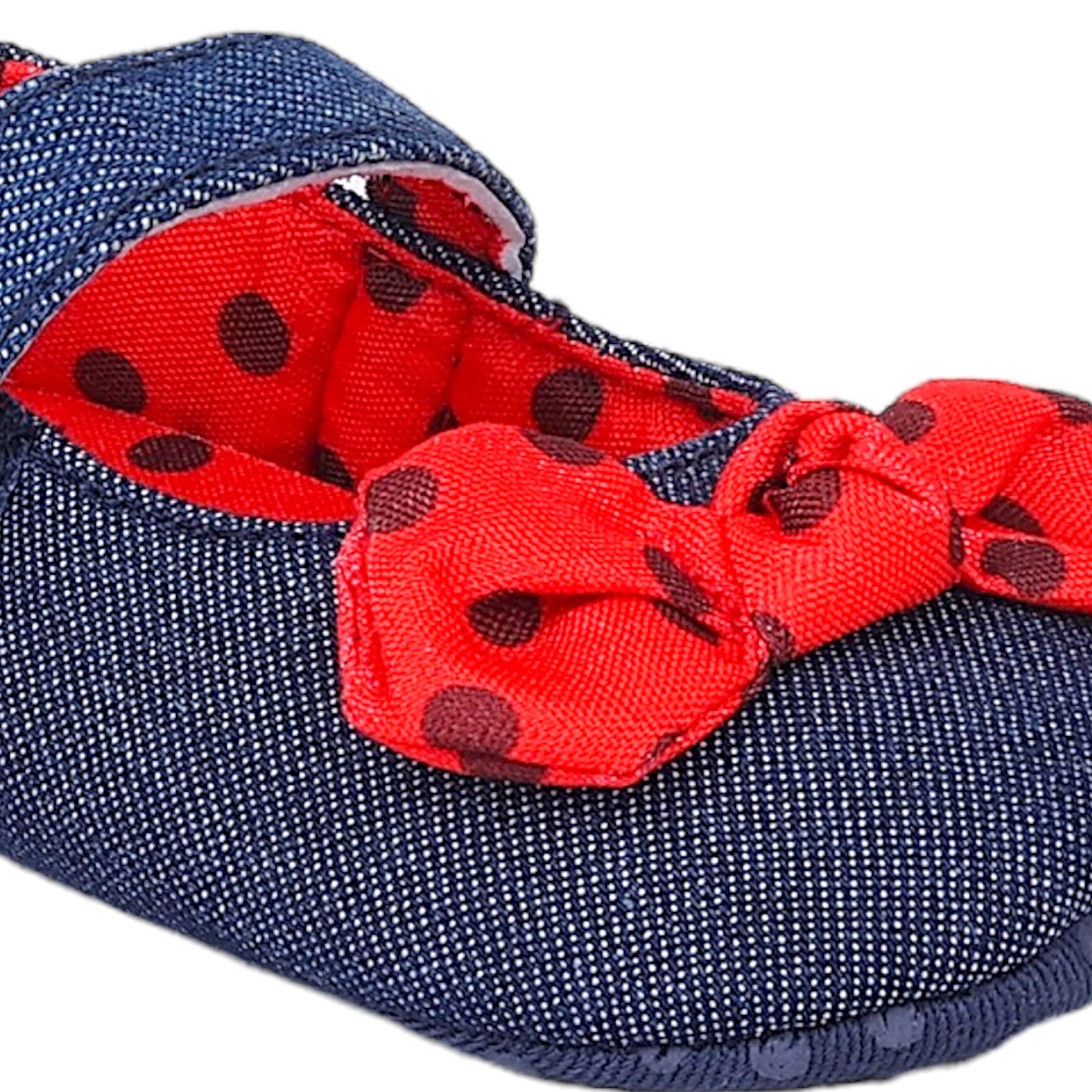 Baby Moo Polka Bow Knot Velcro Strap Denim Ballerina Booties - Navy Blue