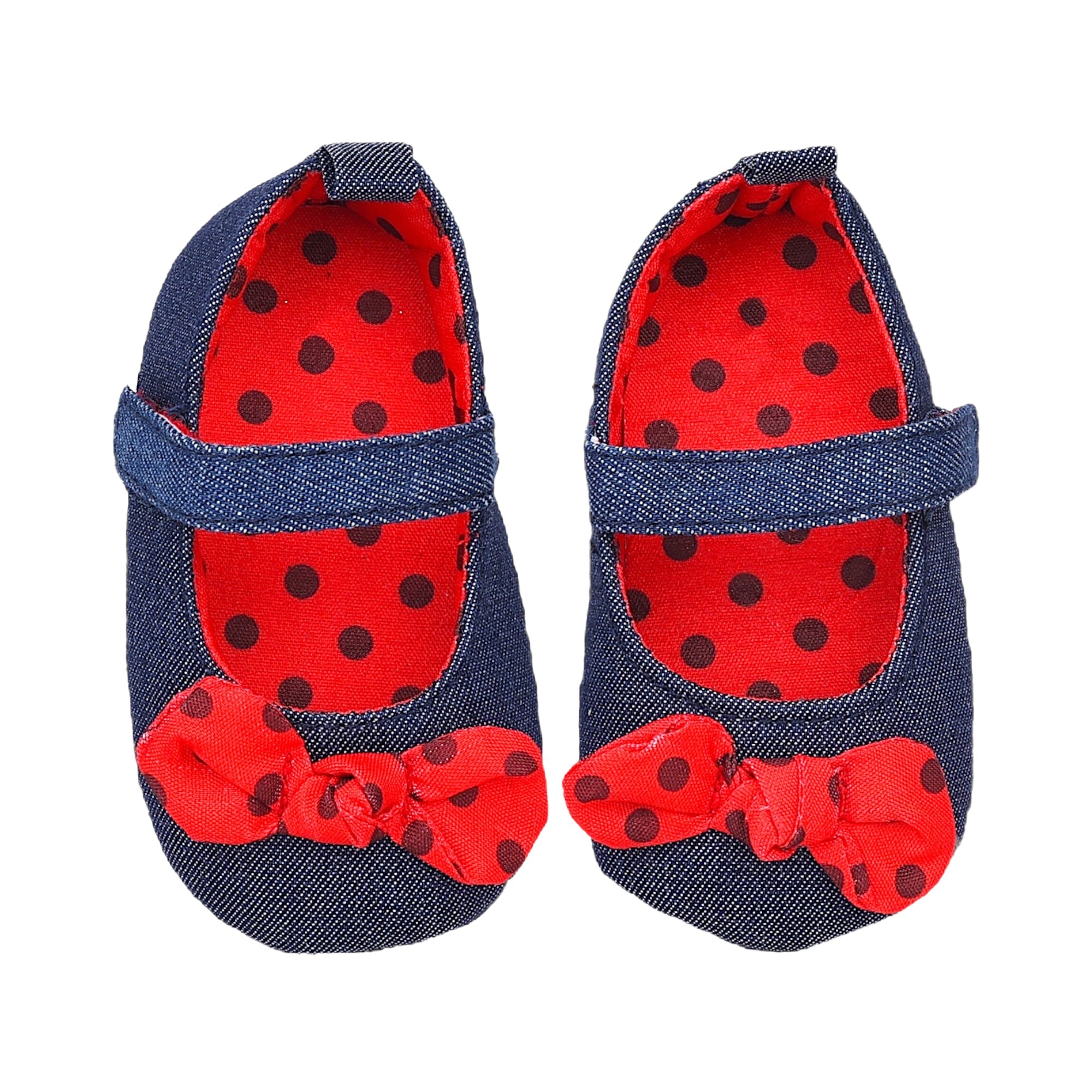 Baby Moo Polka Bow Knot Velcro Strap Denim Ballerina Booties - Navy Blue