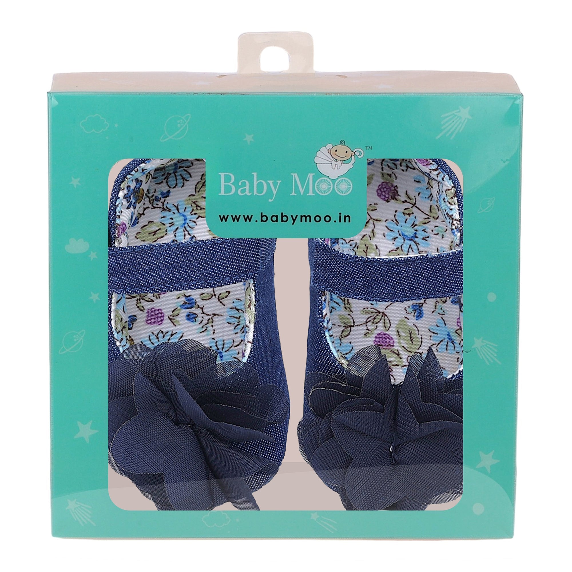 Baby Moo Embellished Flower Velcro Strap Denim Ballerina Booties - Navy Blue