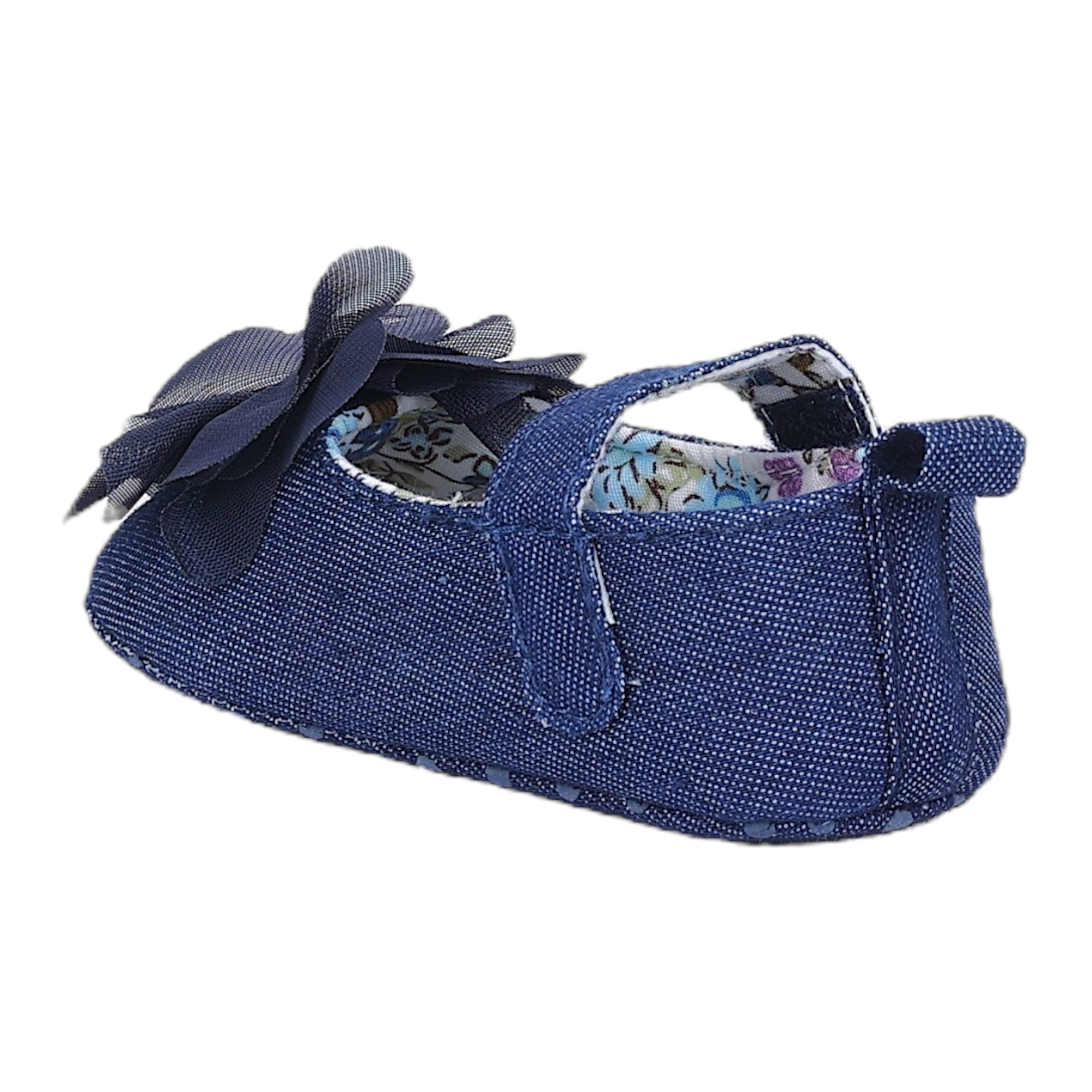 Baby Moo Embellished Flower Velcro Strap Denim Ballerina Booties - Navy Blue