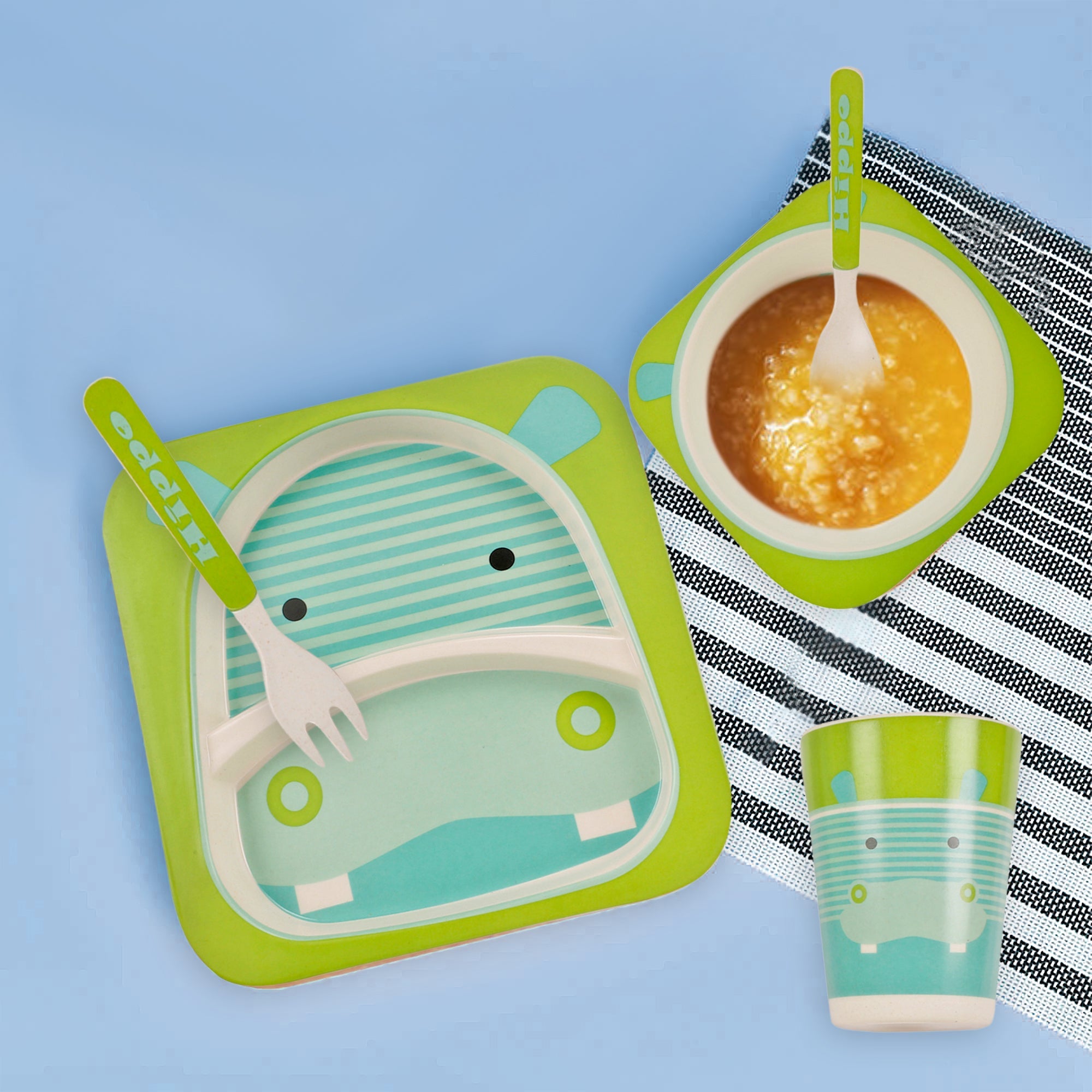 Hippo Green And Turquoise Bamboo Fiber Dinner Set Large - Baby Moo