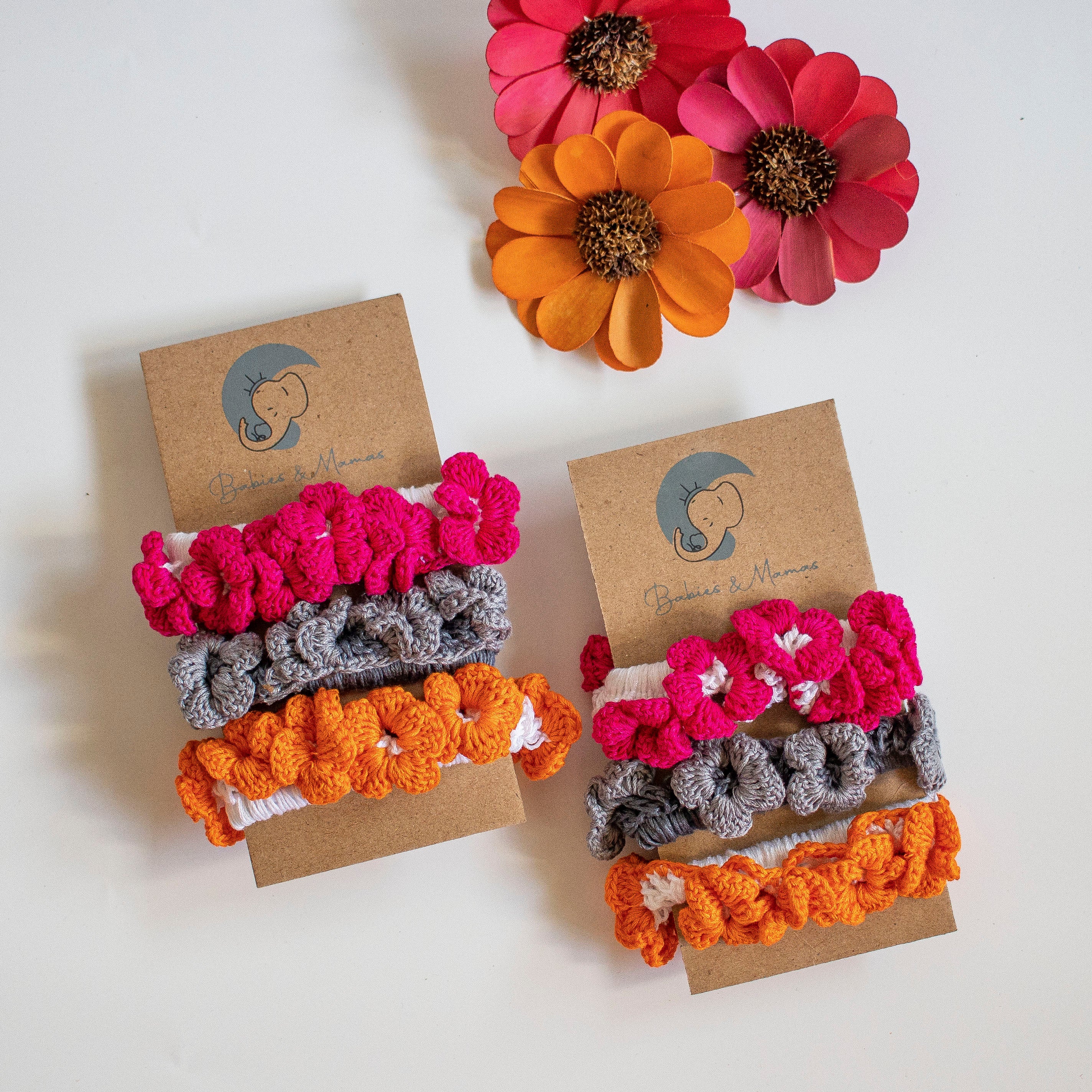 Handmade Crochet Scrunchies (Pink Grey, Saffron)