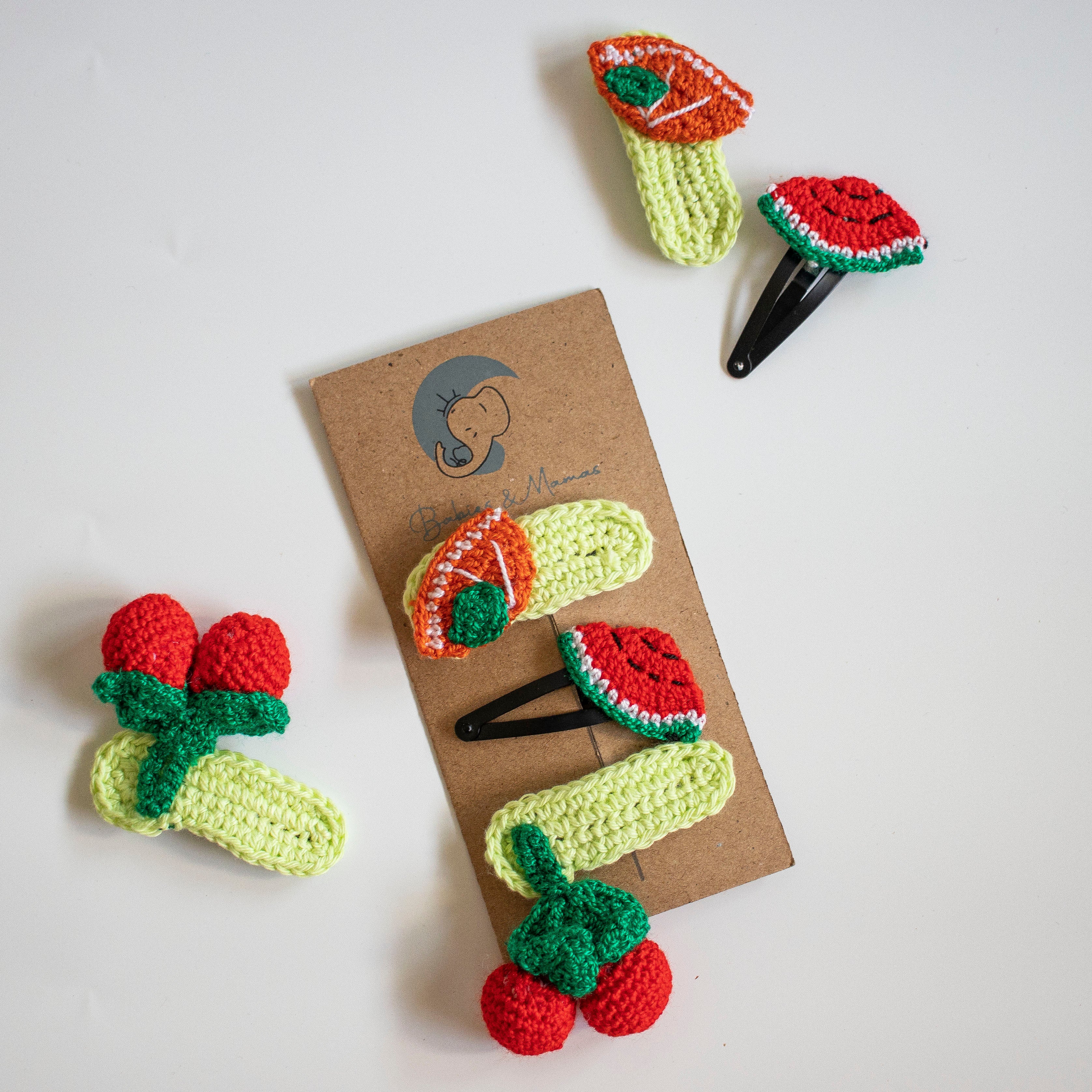 Handmade Crochet Hair Clips (Green, Red, Orange)