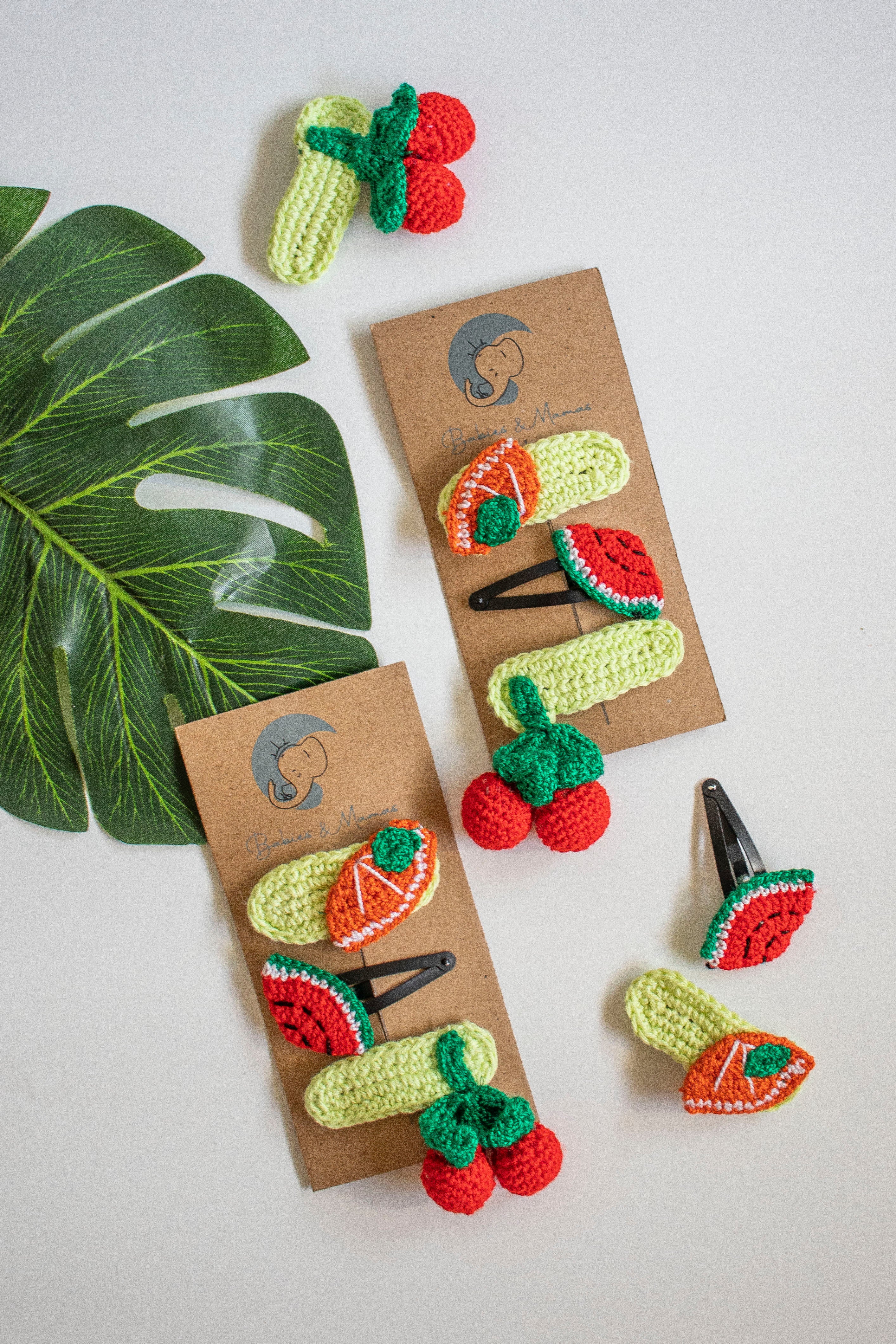 Handmade Crochet Hair Clips (Green, Red, Orange)