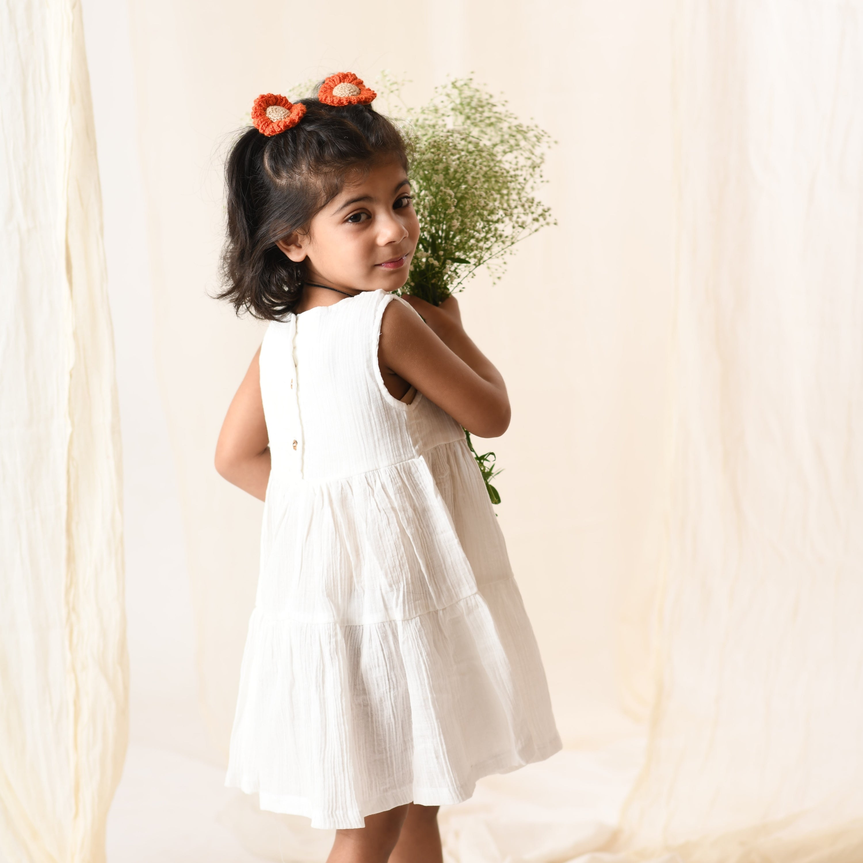 Organic Cotton Muslin Flower Dress &  Sunflower Rubberbands Set- Gift Set