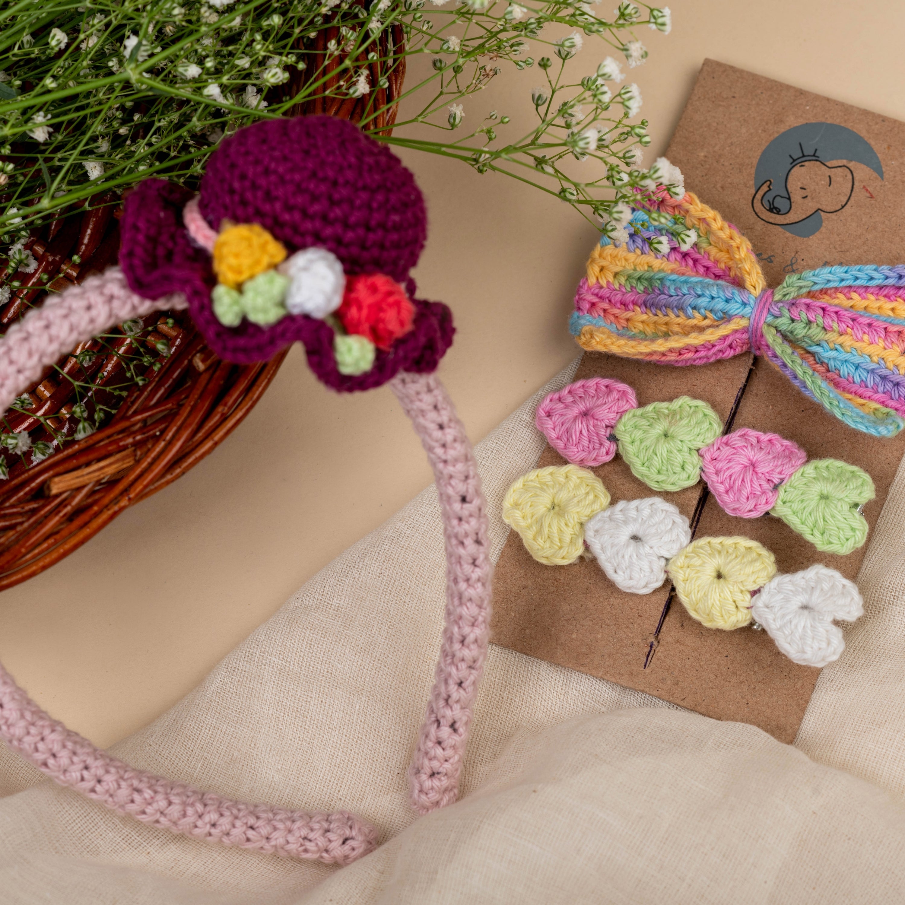 All I Have Ever Wanted - Crochet Hat  Hairband/ Multicolor Bow/ Heart  Alligator Clip - Gift Set