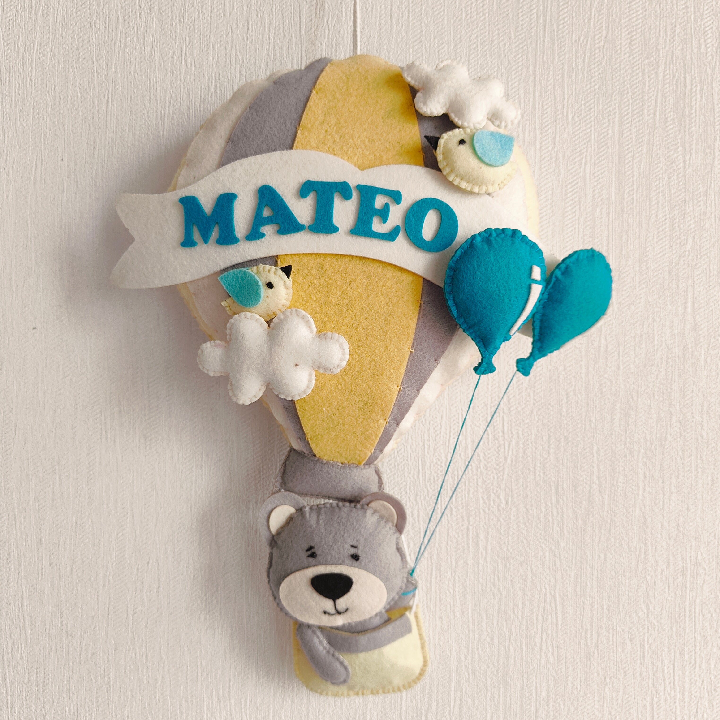 Babble Wrap  Grey Teddy in a Hot Air Balloon Name Hanging