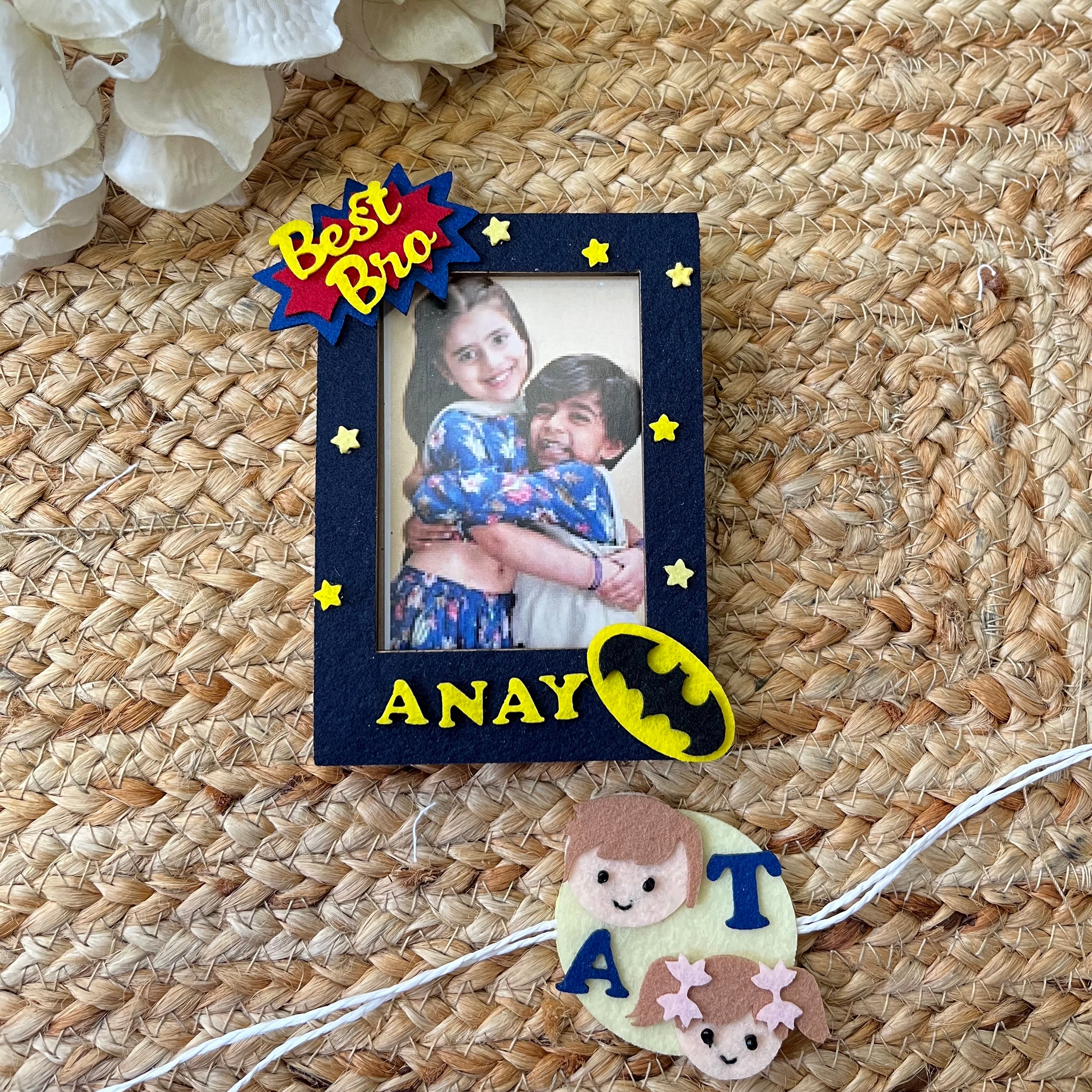 Babble Wrap Wooden PhotoFrame With Rakhi - Dynamic Duo