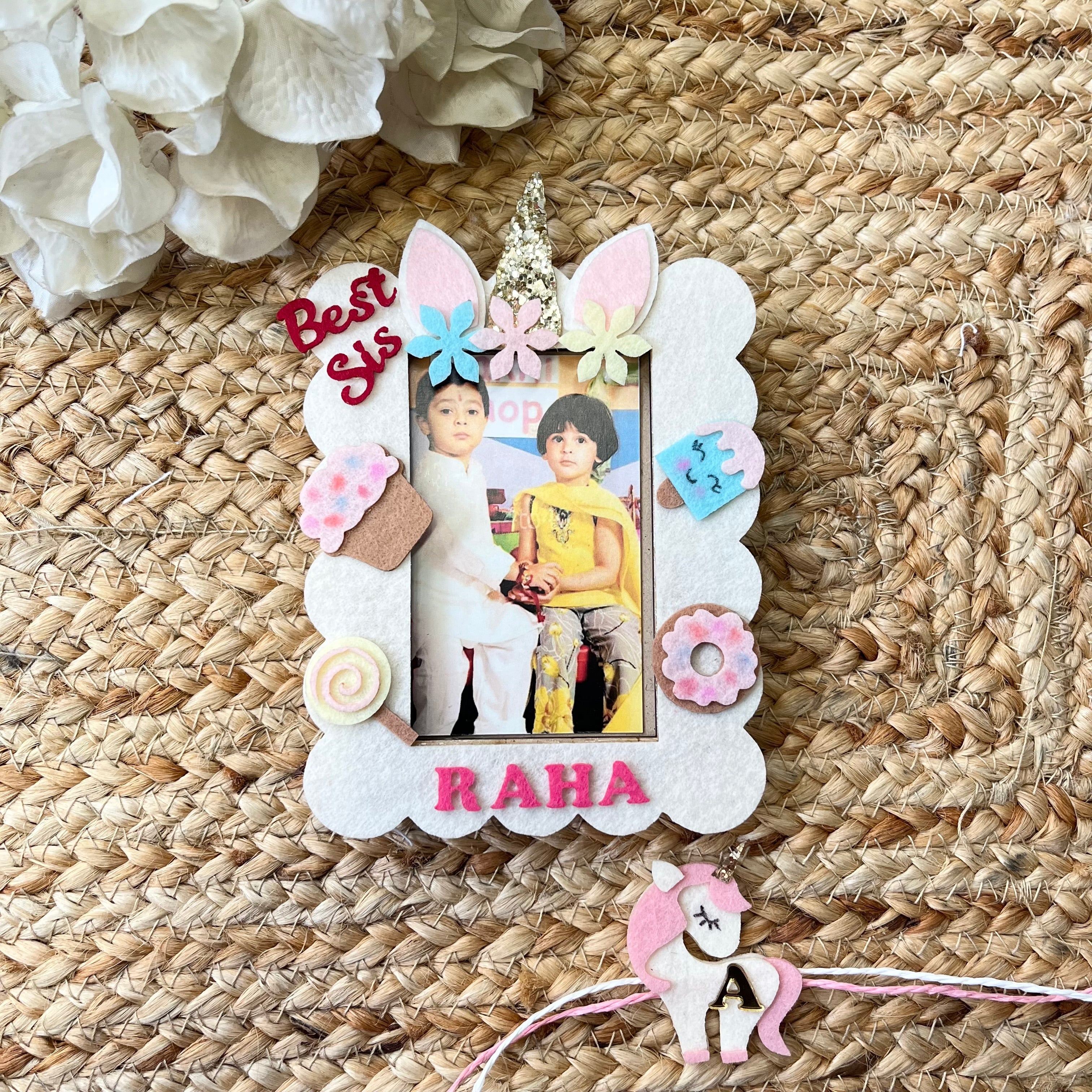 Babble Wrap Wooden PhotoFrame With Rakhi - Unicorn Sparkles